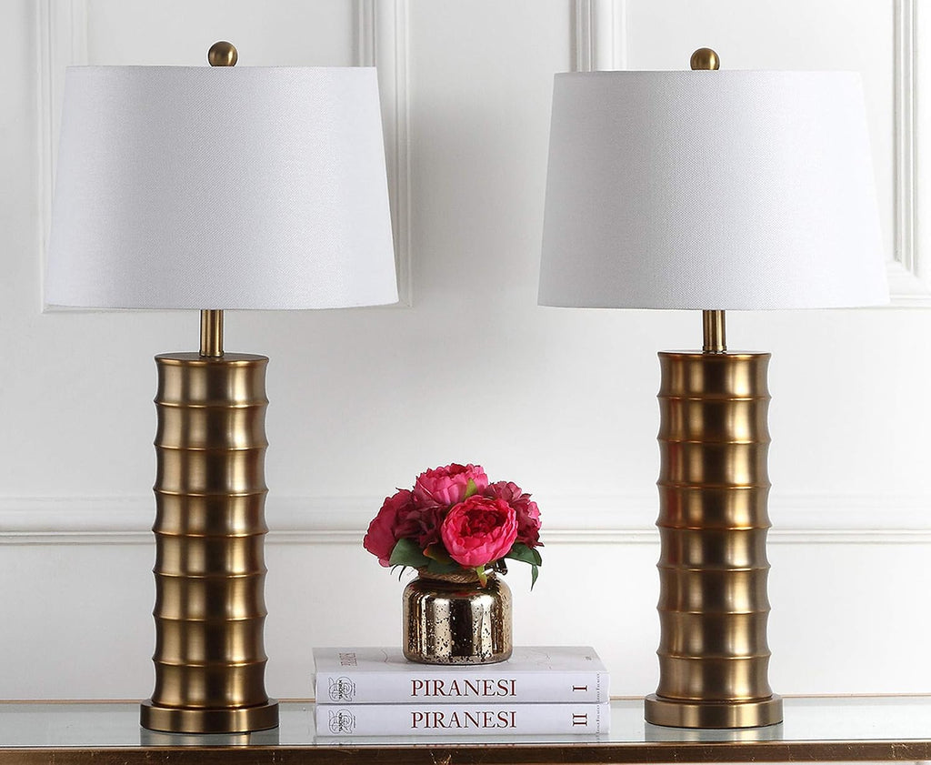 SAFAVIEH Lighting Collection Linus Farmhouse Brass Column Gold 29-inch Bedroom Living Room Home Office Desk Nightstand Table Lamp Set of 2 (LED Bulbs Included)
