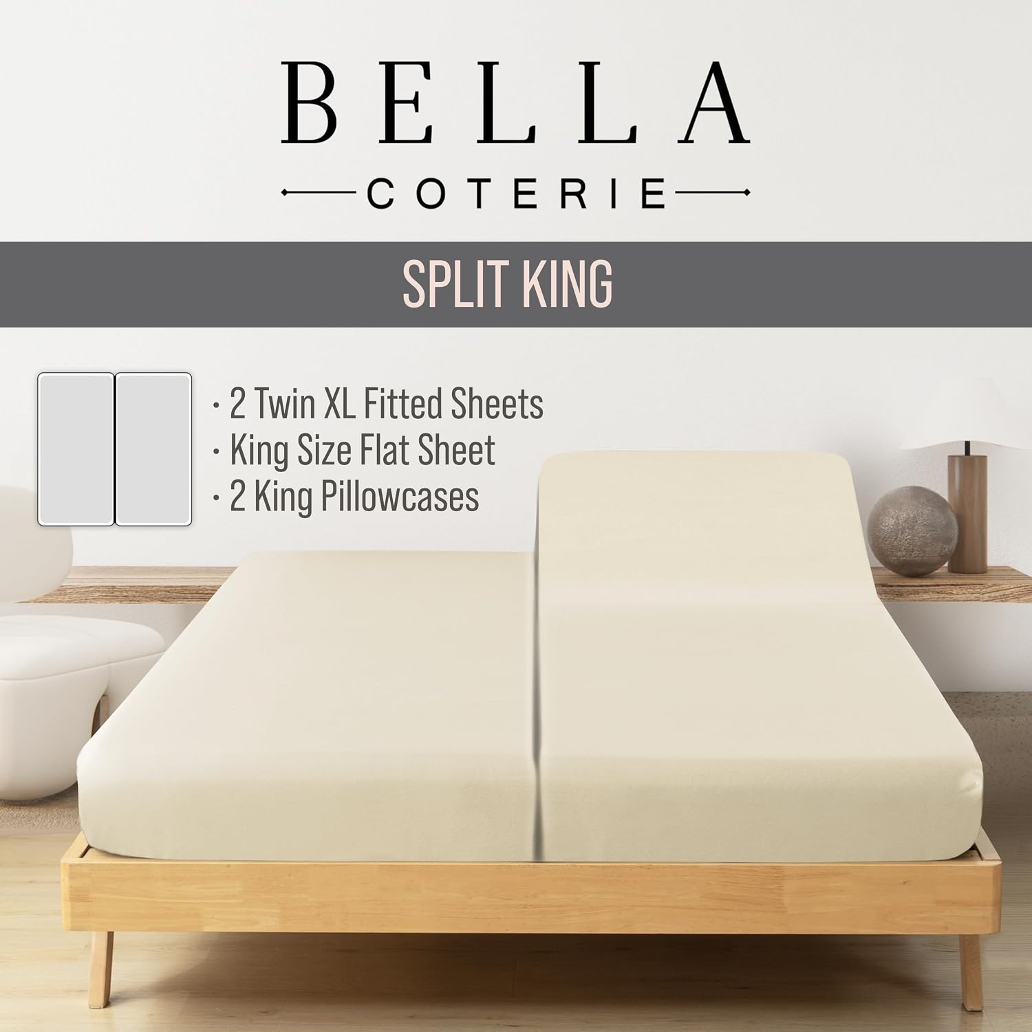 Bella Coterie Luxury Bamboo Viscose Split King Size Sheet Set | 2 Fitted Sheets for Sleep Number & Adjustable Beds | 100% Organically Grown | Cooling & Ultra Soft | 18' Deep Pocket [Ivory]