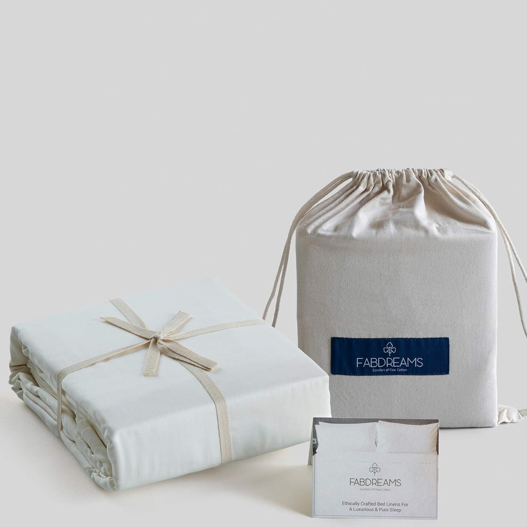 Fabdreams 100% Organic Cotton Percale Weave Queen Size Sheet Set 300 TC, GOTS Certified, Cool & Crisp, Breathable, Fits Mattresses Up to 17' Deep, Skin-Friendly, Durable Luxury – Ivory