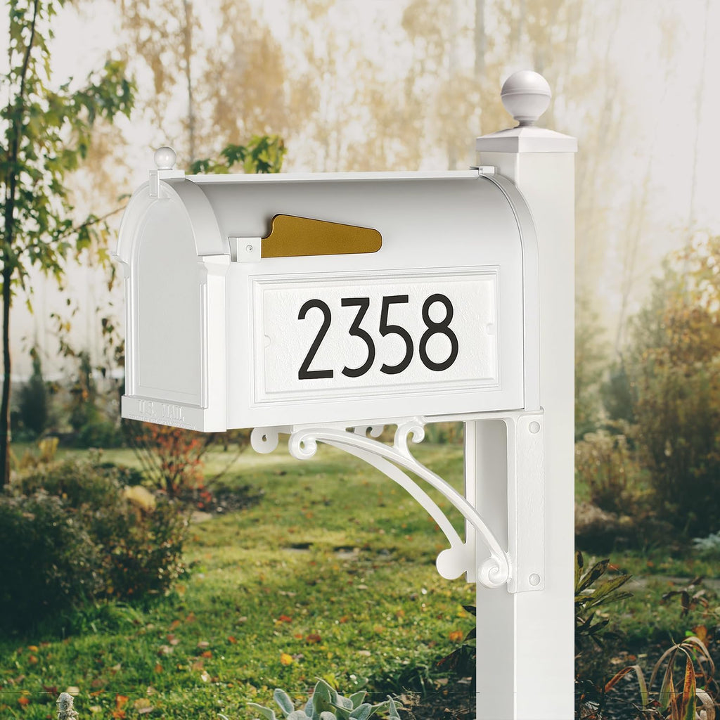 Whitehall Custom Extra Large Mailbox, Capitol Model with Modern Style Address Plaques and Post Package, Sand Cast Aluminum, White Personalized in Black