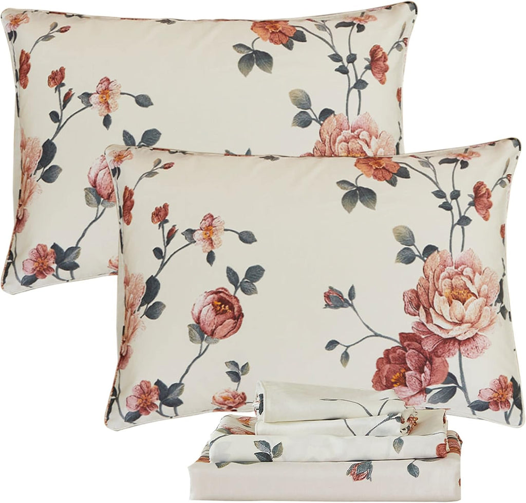 FADFAY Sheets Set Queen Shabby Beige Floral Bedding Elegant Peony Sheets Set Vintage Flower Bedding Collections Soft 100% Egyptian Cotton 800 Thread Count Deep Pocket Fitted Sheet, 4Pcs-Queen Size