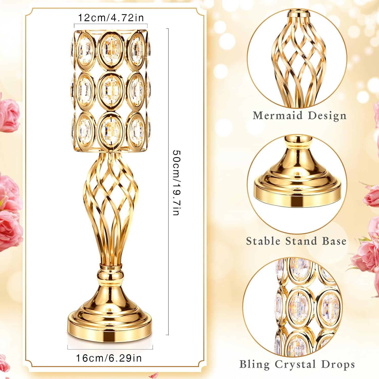 Tatuo 12 Pcs Gold Wedding Centerpiece Vases for Table Crystal Flower Trumpet Metal Flower Vase Stand with Diamond for Wedding Party Reception Dining Room Living Room(20 inch)