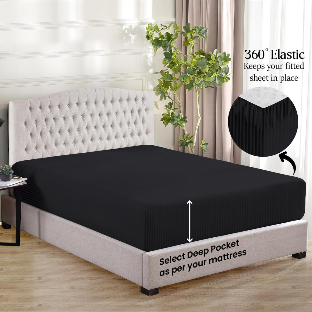 1000 Series- Extra Long Staple 100% Egyptian Cotton Sheet Set,Sateen Weave, Hotel Quality Soft Luxury Bedding, King Size 4 Piece Sheet Set Fit 15' Inch to 18' Deep Stripe Black