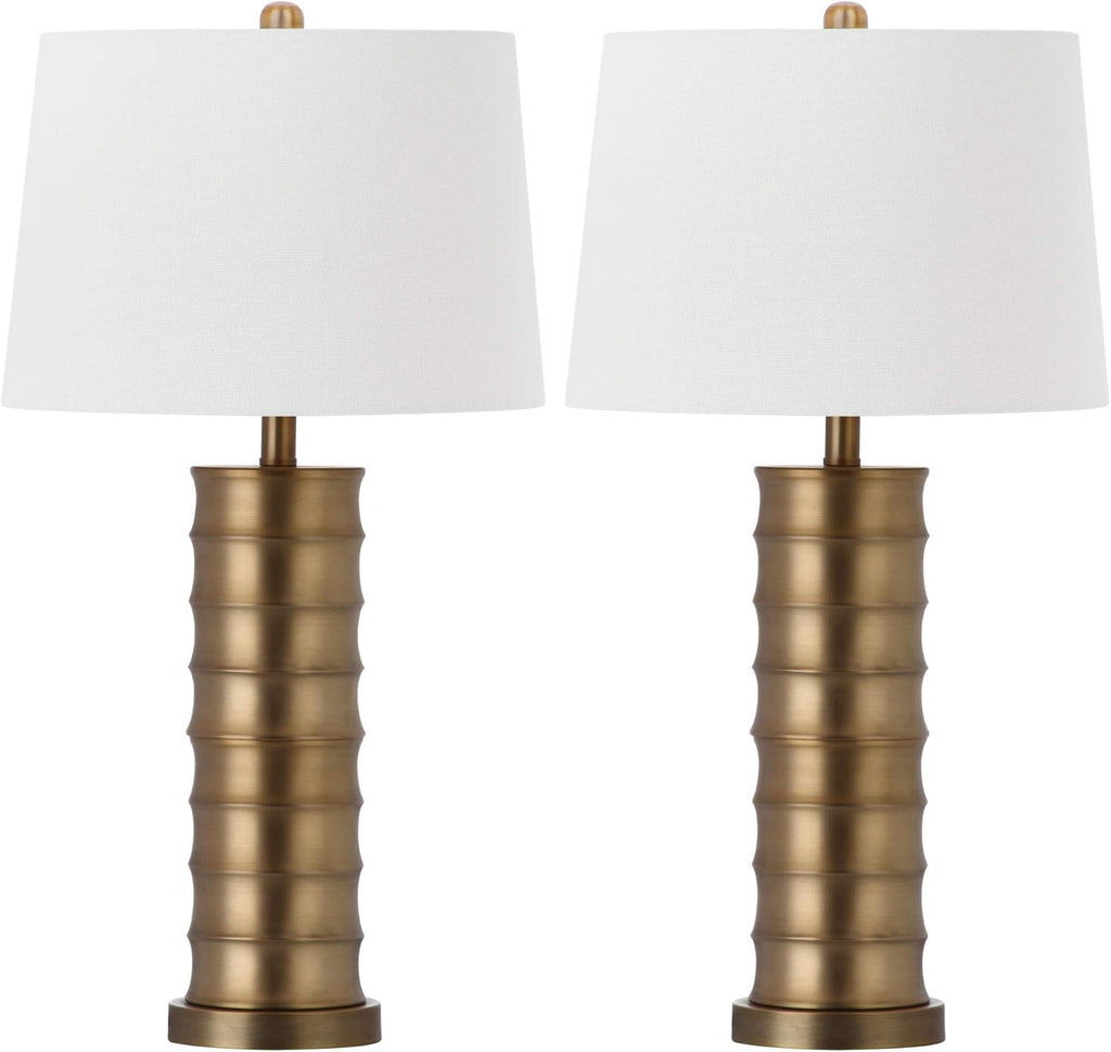 SAFAVIEH Lighting Collection Linus Farmhouse Brass Column Gold 29-inch Bedroom Living Room Home Office Desk Nightstand Table Lamp Set of 2 (LED Bulbs Included)