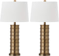 SAFAVIEH Lighting Collection Linus Farmhouse Brass Column Gold 29-inch Bedroom Living Room Home Office Desk Nightstand Table Lamp Set of 2 (LED Bulbs Included)
