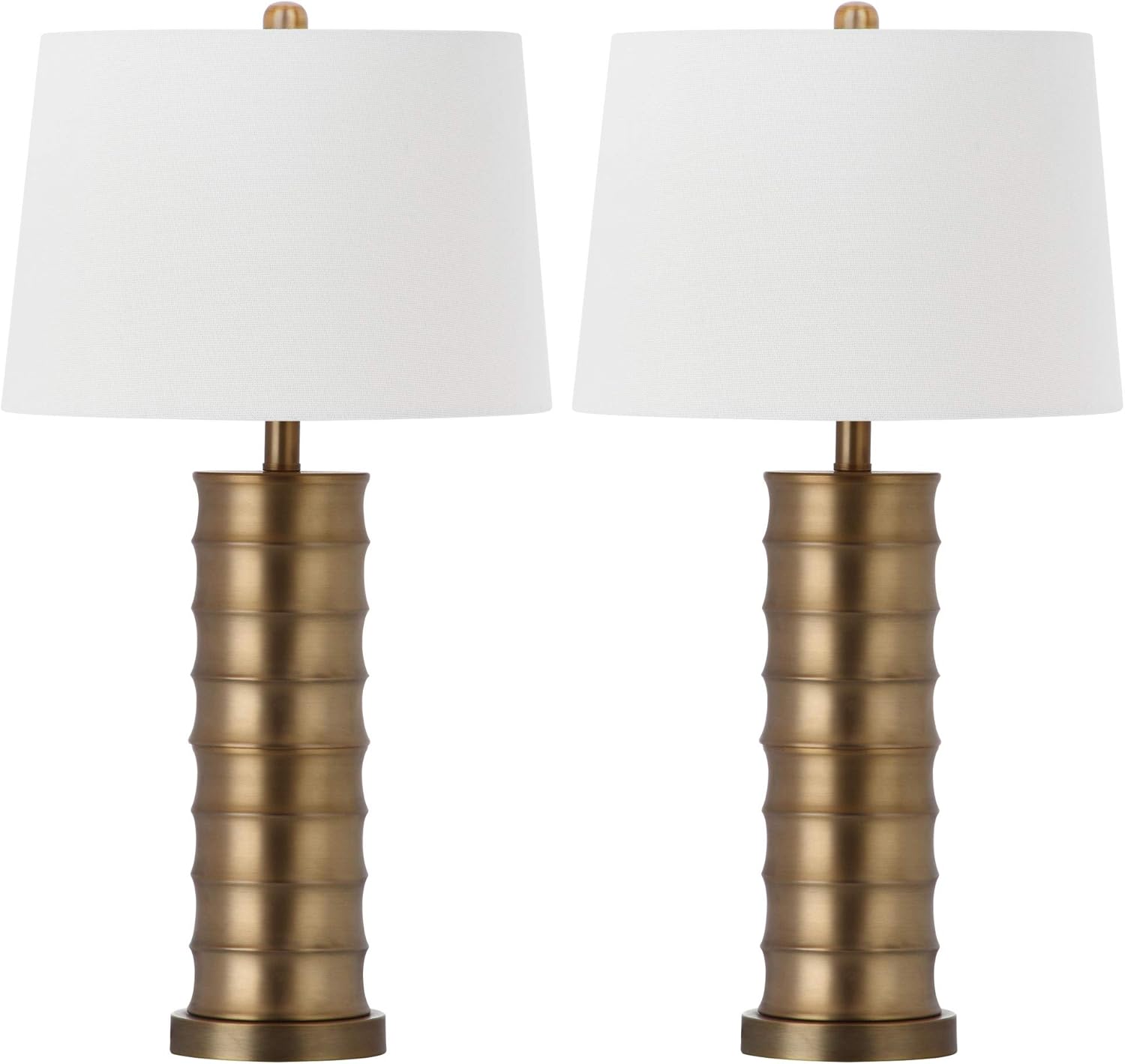 SAFAVIEH Lighting Collection Linus Farmhouse Brass Column Gold 29-inch Bedroom Living Room Home Office Desk Nightstand Table Lamp Set of 2 (LED Bulbs Included)