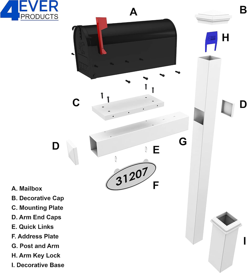 4Ever Products The Rockport Vinyl Mailbox Post System - Includes Black Steel Mailbox and Custom Street Address (Blue)