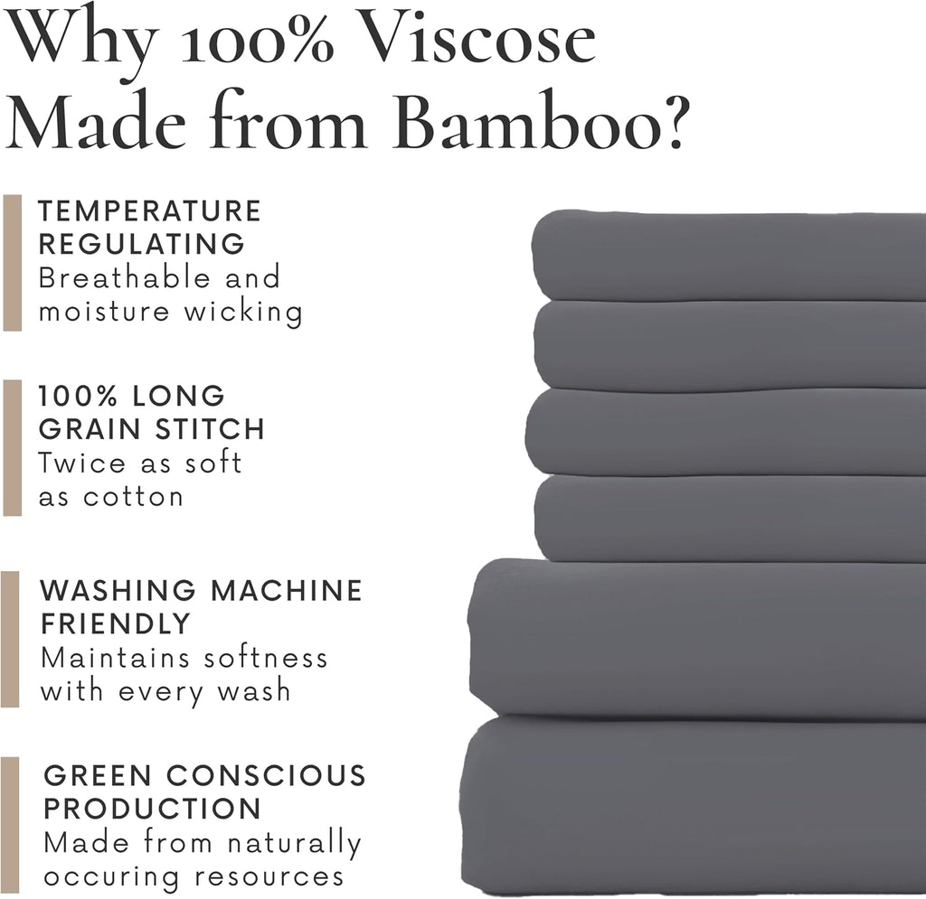 Bamboo Bay 6 Piece Queen Size Sheet Set, 100% Viscose Made from Bamboo, Breathable Ultra Soft Cooling Bed Sheets for Hot Sleepers, Beddings with Deep Pockets Fit 16' Mattress, Dark Grey