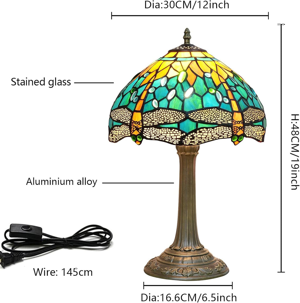 Tiffany Lamp Green Dragonfly Style Stained Glass Lamps Teal Bedroom Bedside Table Lamp for Dorm Office Art Craft Antique Decor Accent Aesthetic Nightstand Retro Metal Reading Lamps 12 inch