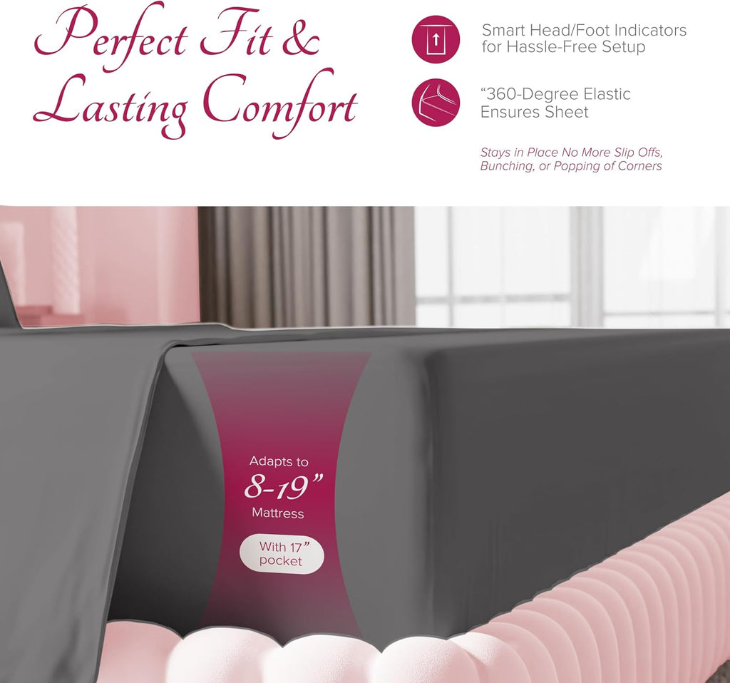Carressa Linen 100% Egyptian Cotton Queen Sheet Set - Luxury 1200 Series Rose Collection Egyptian Cotton Sheets Queen Size (4 PC, Dark Grey), Silky Soft, Cooling, Sateen 17' Deep Pocket Bed Set