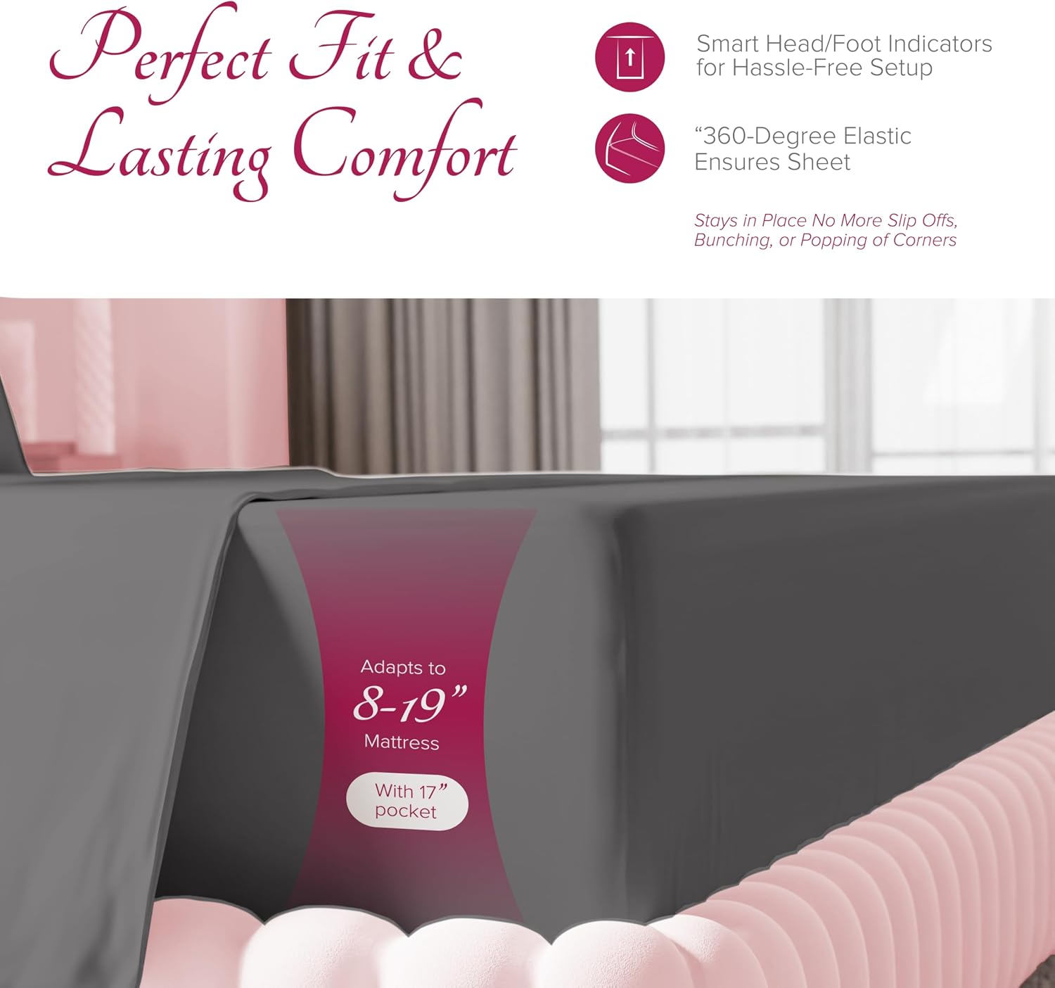 Carressa Linen 100% Egyptian Cotton Queen Sheet Set - Luxury 1200 Series Rose Collection Egyptian Cotton Sheets Queen Size (4 PC, Dark Grey), Silky Soft, Cooling, Sateen 17' Deep Pocket Bed Set