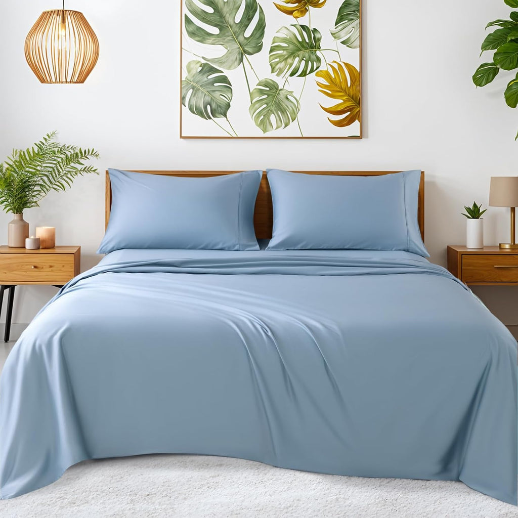 SONORO KATE 100% Egyptian Cotton Sheets - 1200 Thread Count, Luxury & Cooling Hotel Cotton Bed Sheets Set 4 Piece, Sateen Weave for Soft Feel, Fits Upto 16' Mattress (French Blue, Queen)