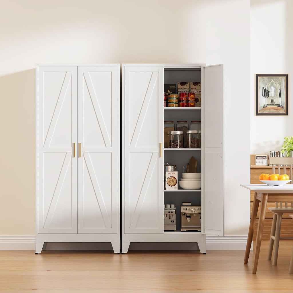 61' Tall Metal Pantry Cabinet, Kitchen Storage Cabinet with 2 Doors and 3 Adjustable Shelves for Kitchen, Living Room, Dining Room, Bathroom and Home, Office (White, 1PC)