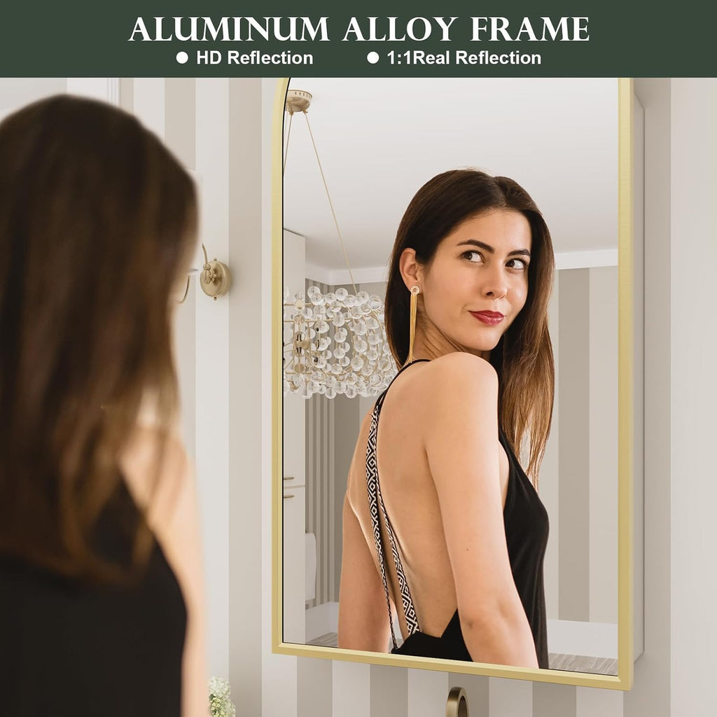 WallBeyond Bathroom Medicine Cabinet with Mirror, 17x34 Inch Gold Recessed Medicine Cabinet with Arch Aluminum Alloy Metal Framed, Single Door Modern Medicine Cabinet with Storage