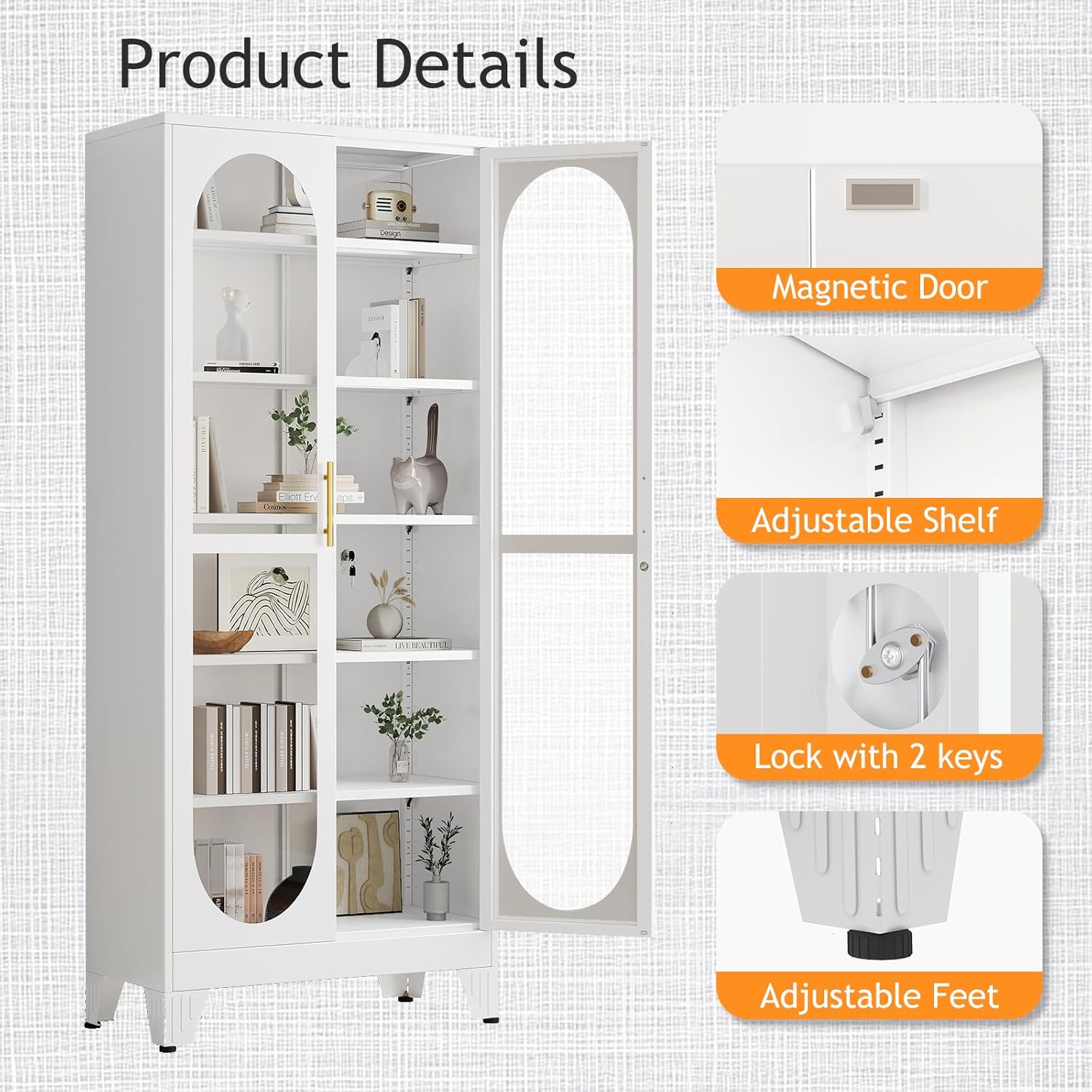 PAOFIN 75' H Locking Display Cabinet with Glass Door, Metal Cabinets with 5 Adjustable Shelves, Cabinet Display Case for Living Room, Collectibles, Clinic, Home - Assembly Required White