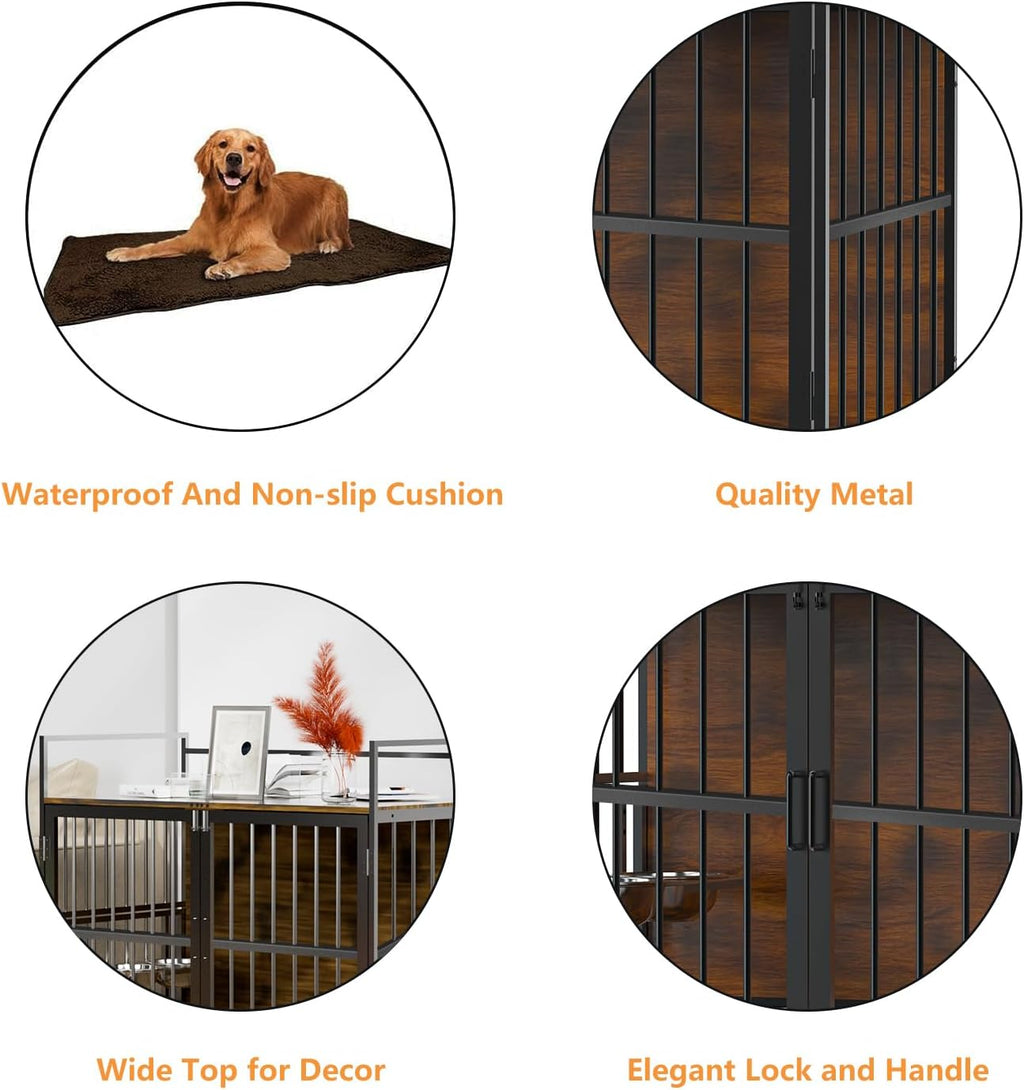 ROOMTEC Furniture Style Large Dog Crate with 360° & Adjustable Raised Feeder for Dogs 2 Stainless Steel Bowls -End Table House Pad, Indoor Use,41' L X 24' W 36' H, Classic Brown