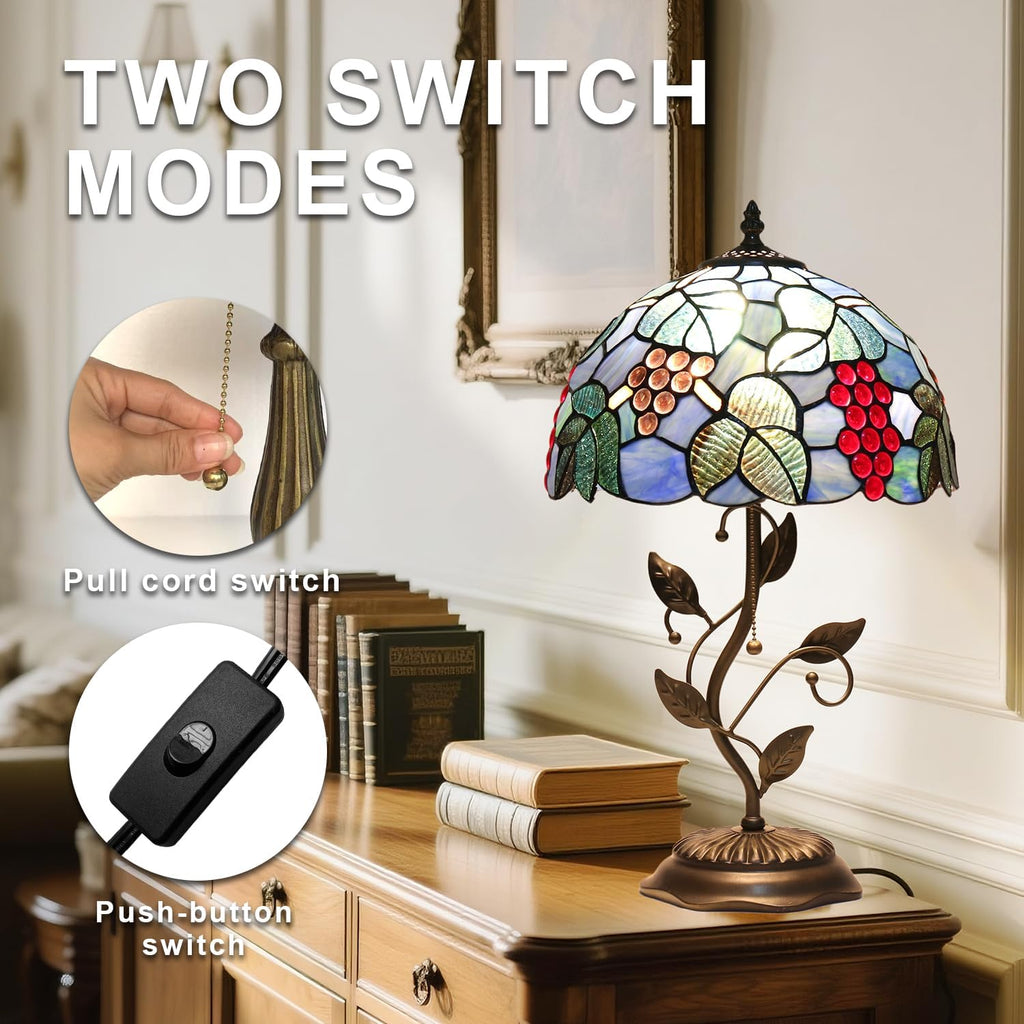 Tiffany Stained Glass Table Lamp with Grape Design, Metal Leaf Base, 12x12x19 Inch, for Bedroom, Living Room, Home, Office