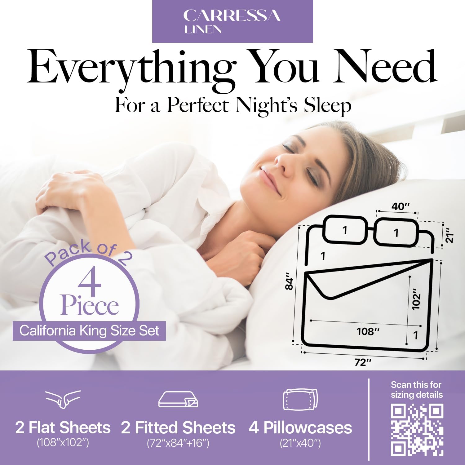 Carressa Linen California King Egyptian Cotton Sheet Sets - 600 Series Hydrangeas Collection Cal King Cotton Sheet Set (8 PC, Crisp White), 16' Deep Pocket Sateen Weave Luxury Hotel Bed Sheets