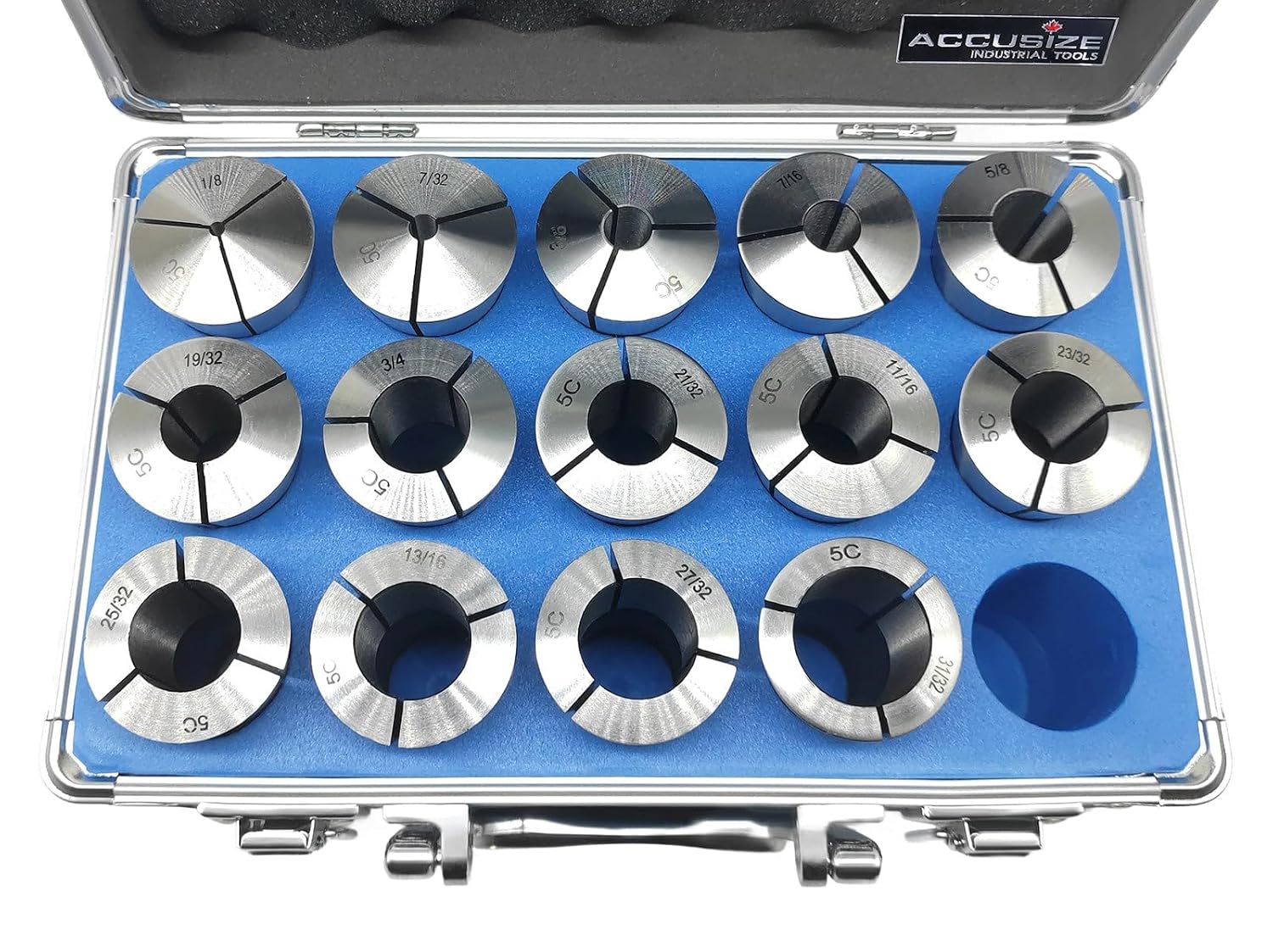 Accusize Industrial Tools 14-Pc 3-25 mm 5C Precision Round Collets, Metric, Hardened & Ground, 0200-5551