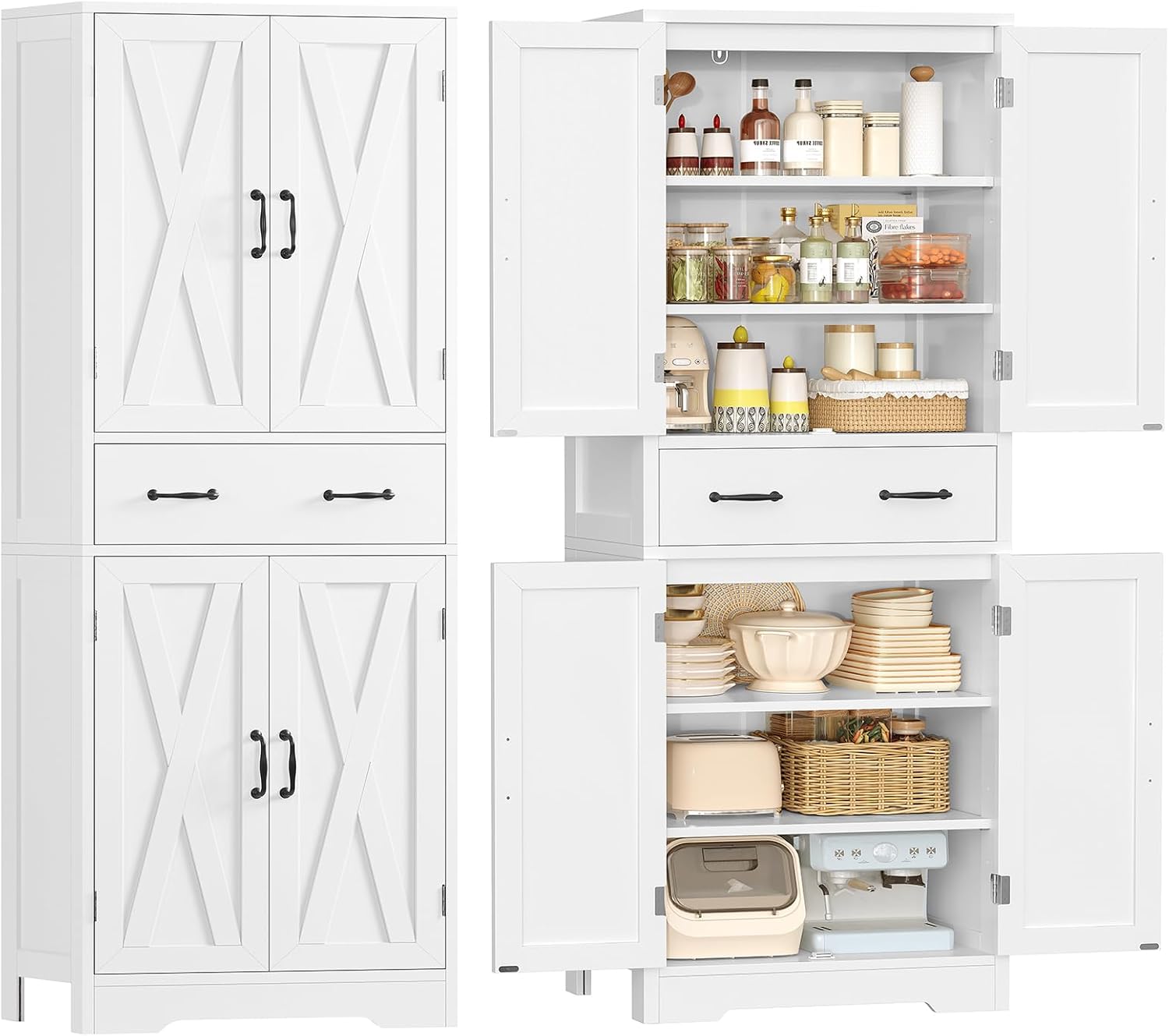 TEENFON Tall Storage Cabinet with 2 Adjustable Shelves & 1 Large Drawer, Kitchen Pantry Cabinet with 4 Doors, Bathroom Storage Cabinets, for Living Room, Kitchen, Bathroom, White