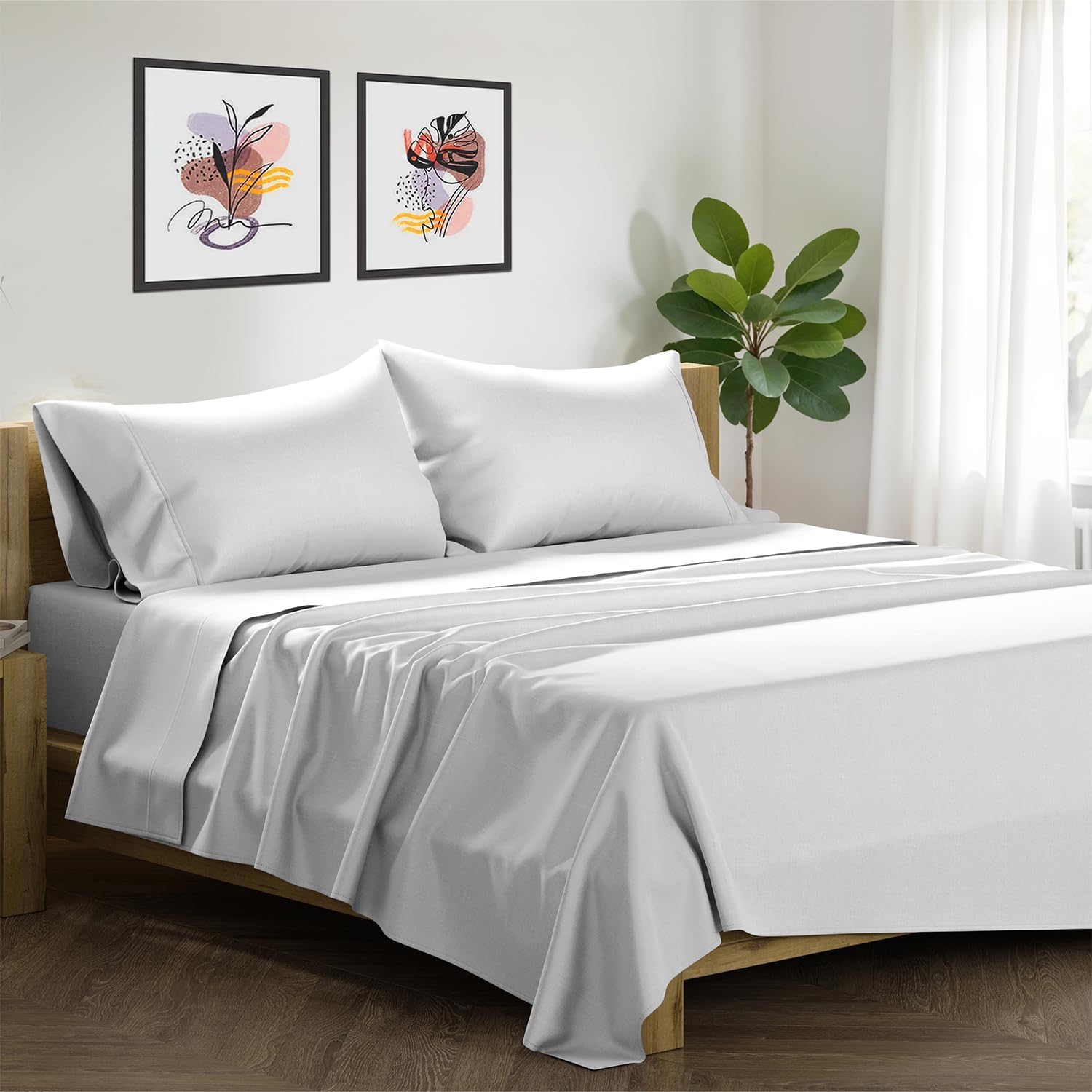 XOOX Linen 100% Egyptian Cotton Sheets Queen Size Bed Set - Luxury 1500 High Thread Count Egyptian Cotton Queen Sheet Set (4 PC, Light Grey), 17' Deep Pocket, Silky Soft, Cooling, Sateen Bedding