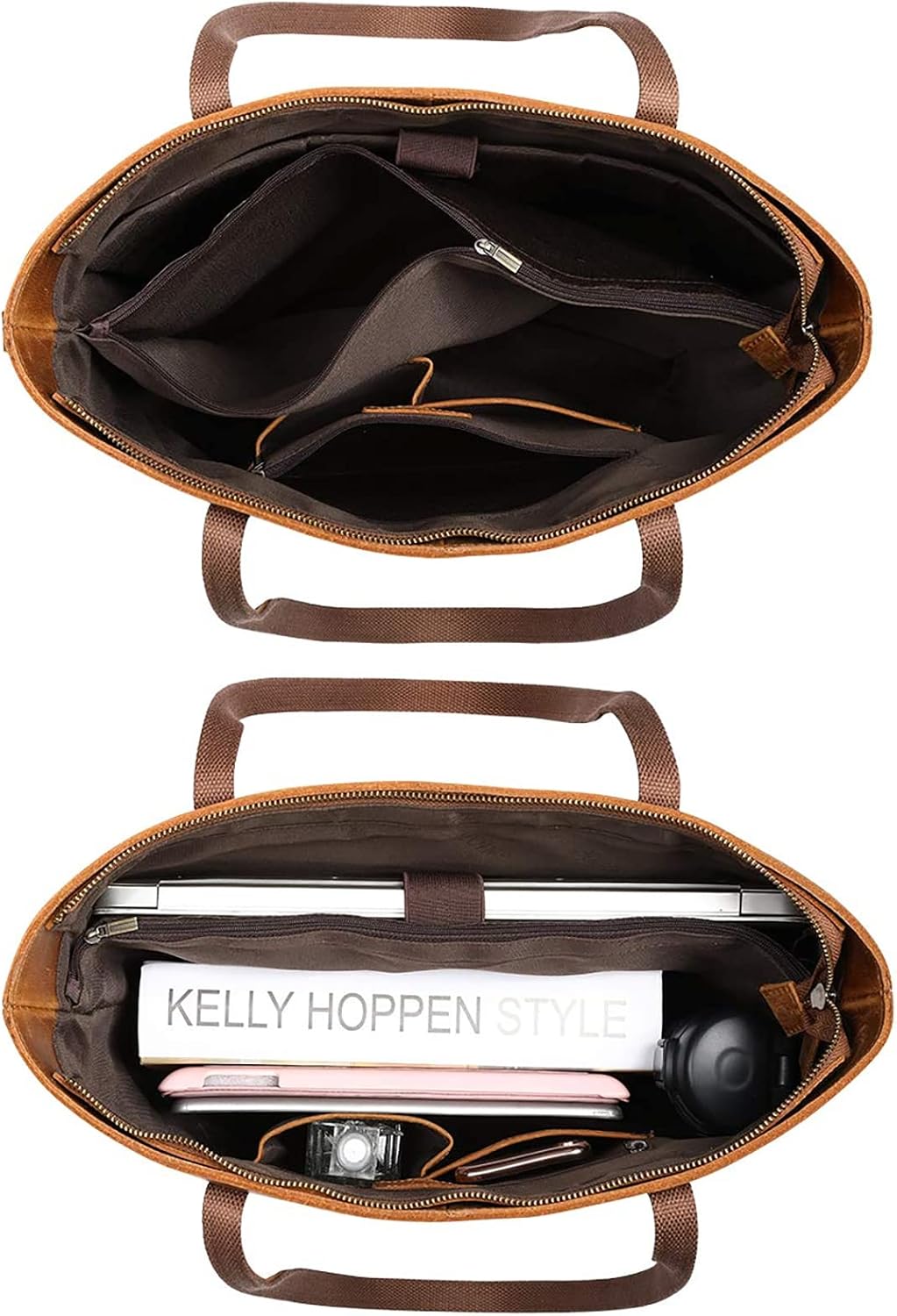 S-ZONE Vintage Genuine Leather Shoulder Bag Work Totes for Women Purse Handbag with Back Zipper Pocket Large