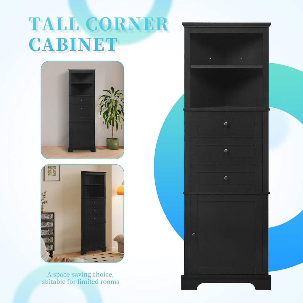 Bellemave Triangle Corner Cabinet, Tall Storage with 3 Drawers & Adjustable Shelves, for Bathroom Kitchen Living Room,MDF Board with Black Painted Finish,68.90' H