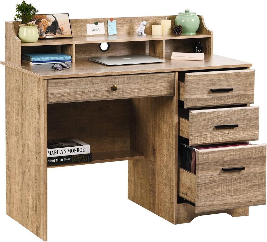 HOMBCK Computer Desk with 4 Drawers and Storage, Small Office Desk with File Drawers and Hutch, Farmhouse Wood Writing Student Table for Home Office, Bedroom, Wooden Grey
