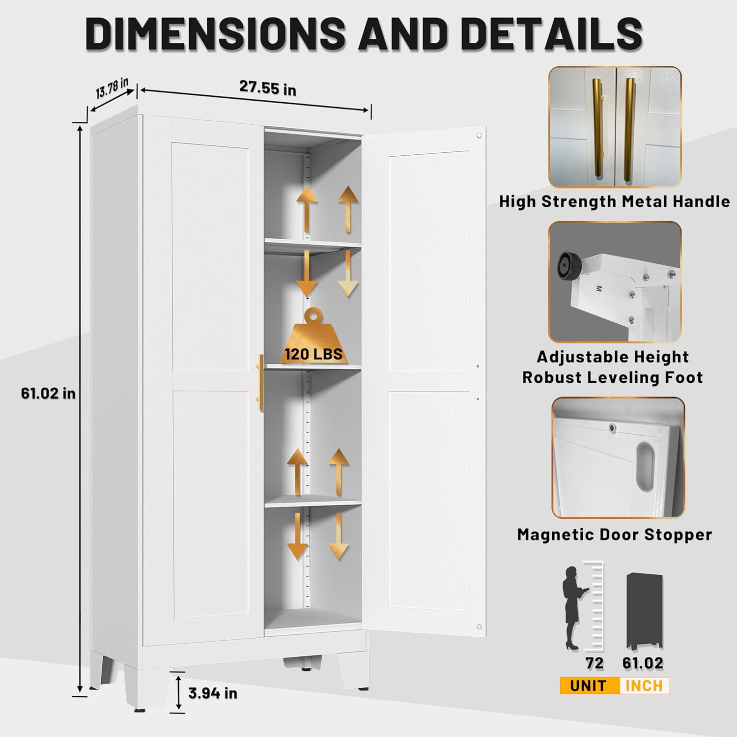 PAOFIN White Metal Kitchen Storage Cabinet, Kitchen Pantry Storage Cabinet with Doors and Shelves, Storage Cabinet with Adjustable Leveling Foot for Kitchen, Living Room and Dining Room. 61' H