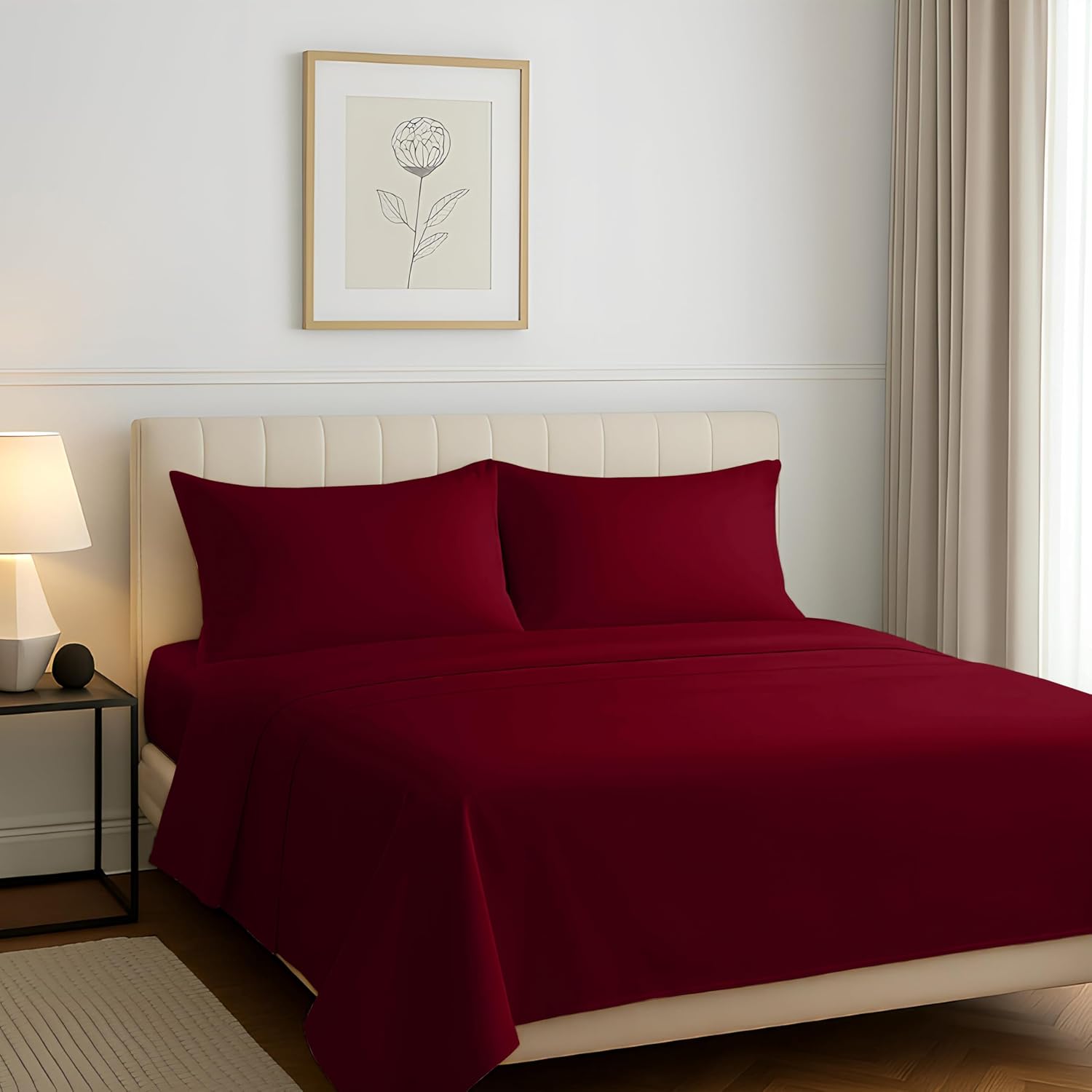 Carressa Linen 100% Egyptian Cotton Queen Sheet Set - Luxury 1200 Series Rose Collection Egyptian Cotton Sheets Queen Size (4 PC, Burgundy), Silky Soft, Cooling, Sateen 17' Deep Pocket Bed Set