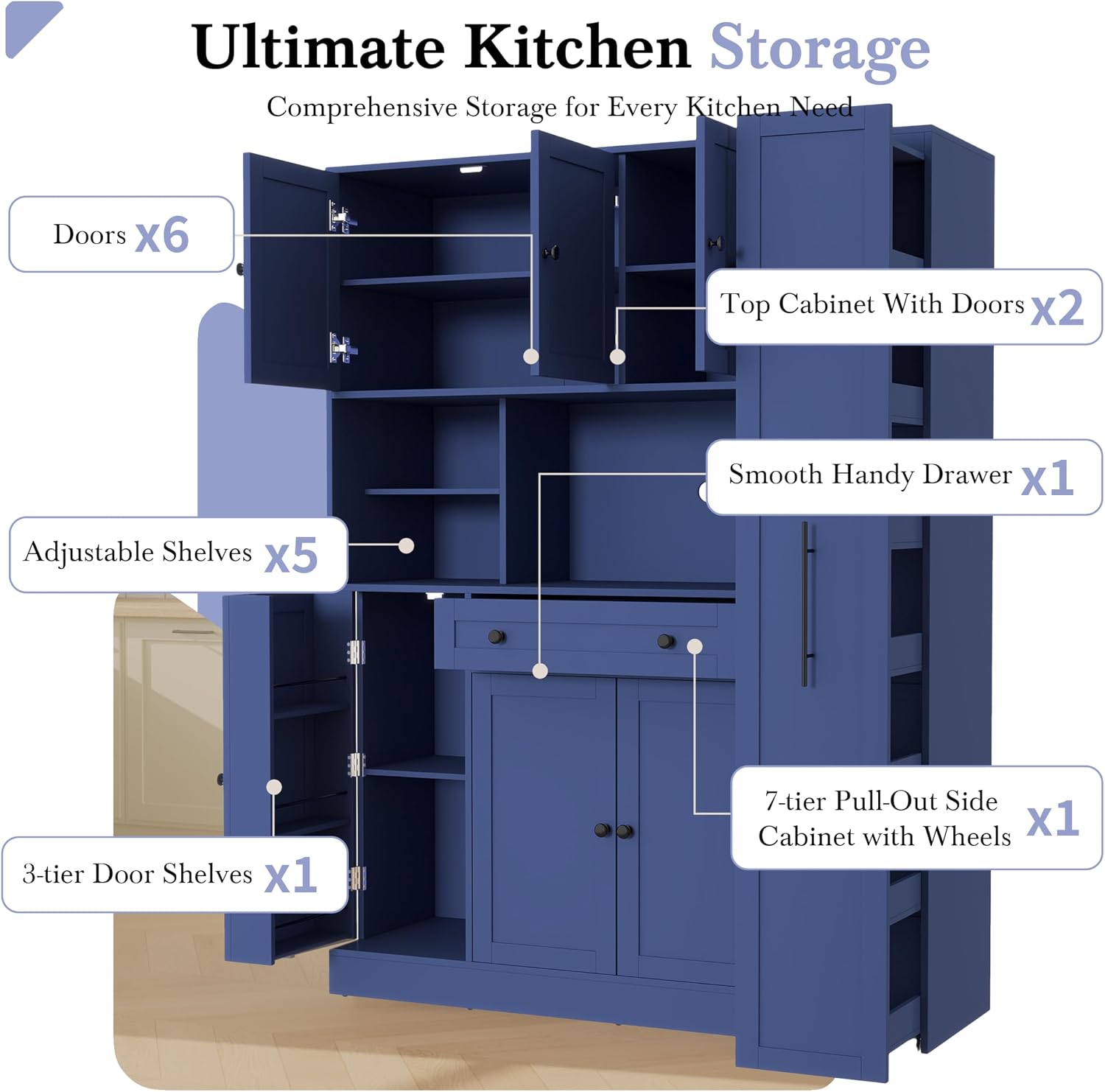 Modern 70inch Kitchen Pantry Storage Cabinet Cupboard with Hutch, Freestanding Buffet with Pull-Out Side Cabinet and Drawer for Living Room, Kitchen