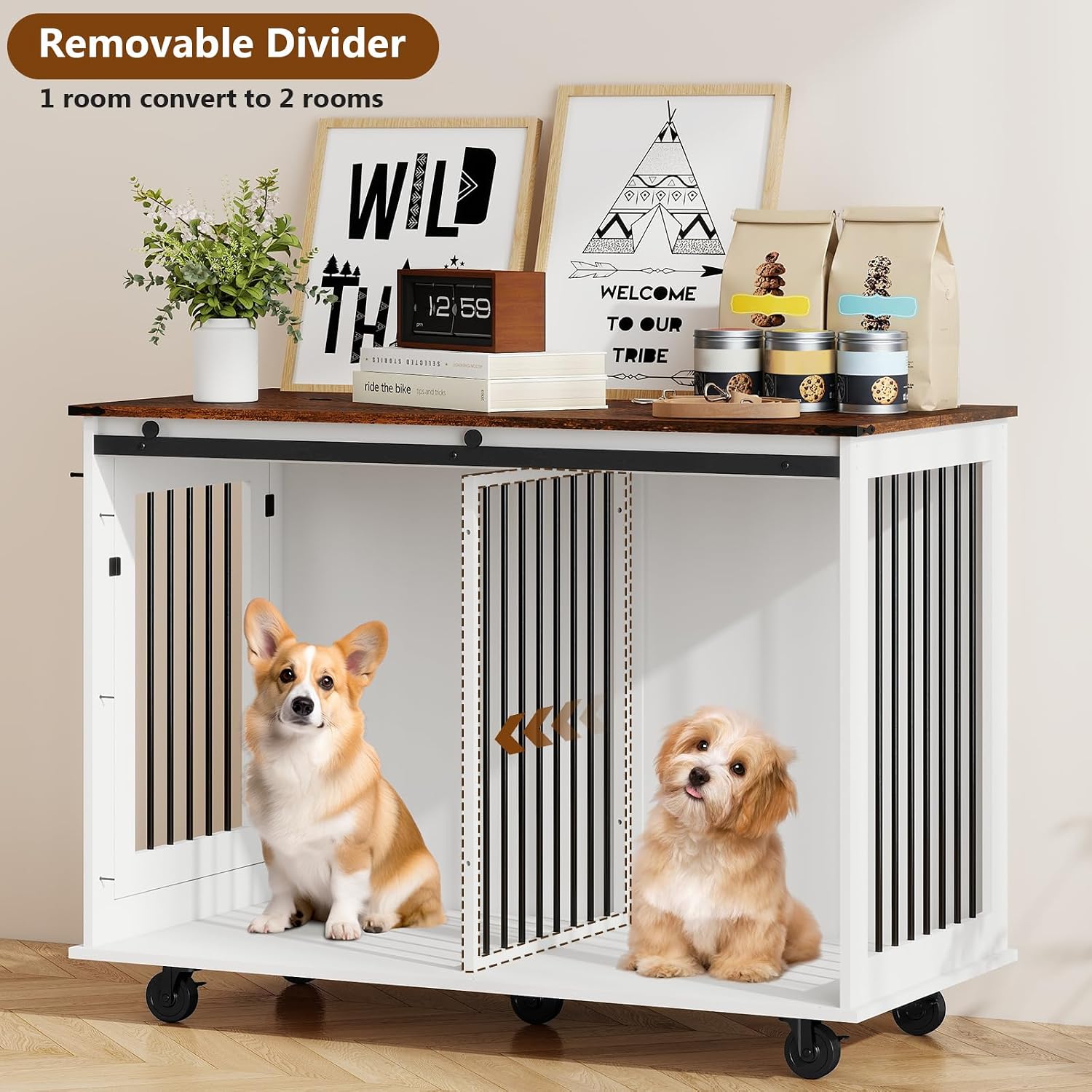 Yafylly 48 Inch XL Dog Crate, Wood XXL Dog Crate Furniture with Wheels, Flip-Top Feeding Door, Removable Divider, Farmhouse End Table Dog Crate with Sliding Barn Door, White