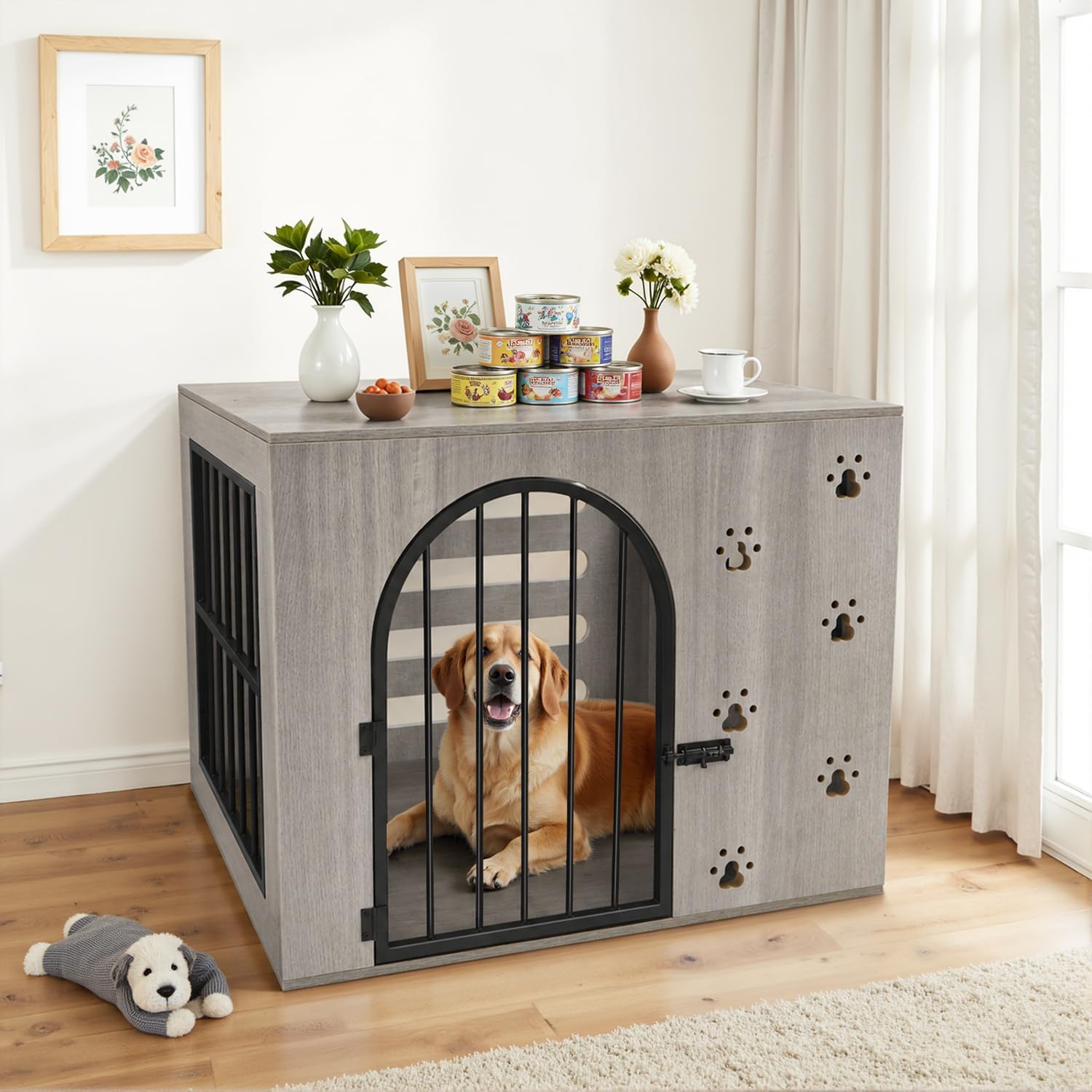 32' Dog Crate Furniture, Heavy Duty Wooden Chewproof Dog Kennel with Adjustable Bowls & Escape-Proof Lock, Decorative Pet Cage Dog House for Small Medium Dogs, Grey