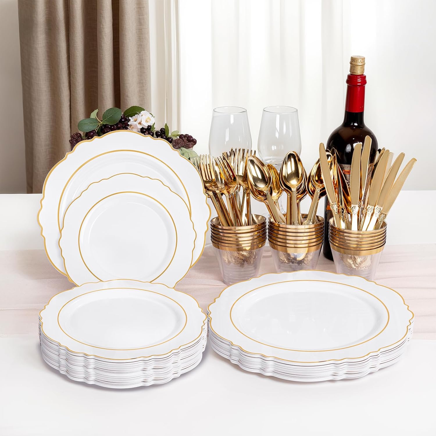 Liacere 700PCS Gold Plastic Plates - Baroque Dinnerware Sets for 100 Guests - 200 Disposable Plates（10inch，7inch）, 300 Gold Plastic Silverware, 100 Cups, 100 Napkins for Wedding & Easter Day