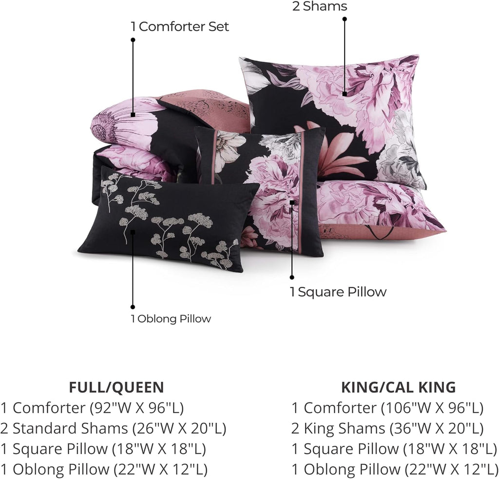 Bebejan Midnight Meadow 5 Piece Comforter Set, 100% Cotton Sateen, 220 Thread Count, Black Reversible Bedding Comforter Set, 1 Comforter, 2 Shams & 2 Pillows (Full/Queen)