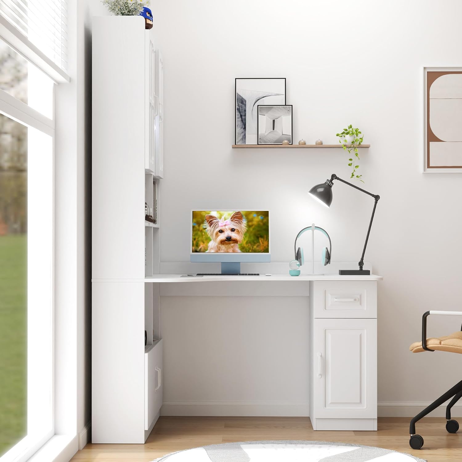 ZeHuoGe L-Shaped Corner Computer Desk for Home Office or Study Desk, Study Modern Style Table with Drawers, Bookshelf & Hutch, 2-in-1 L-Shaped Design, Large Working Space (White)