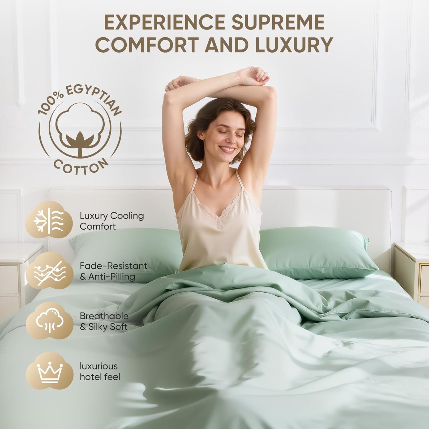 TWK 1200 Thread Count 100% Egyptian Cotton Sheets Bed Set,Thickness,Long-Lasting Durability,Resists Pilling,Deep Pocket Up to 18',with a Laundry Bag (Mineral, Queen)