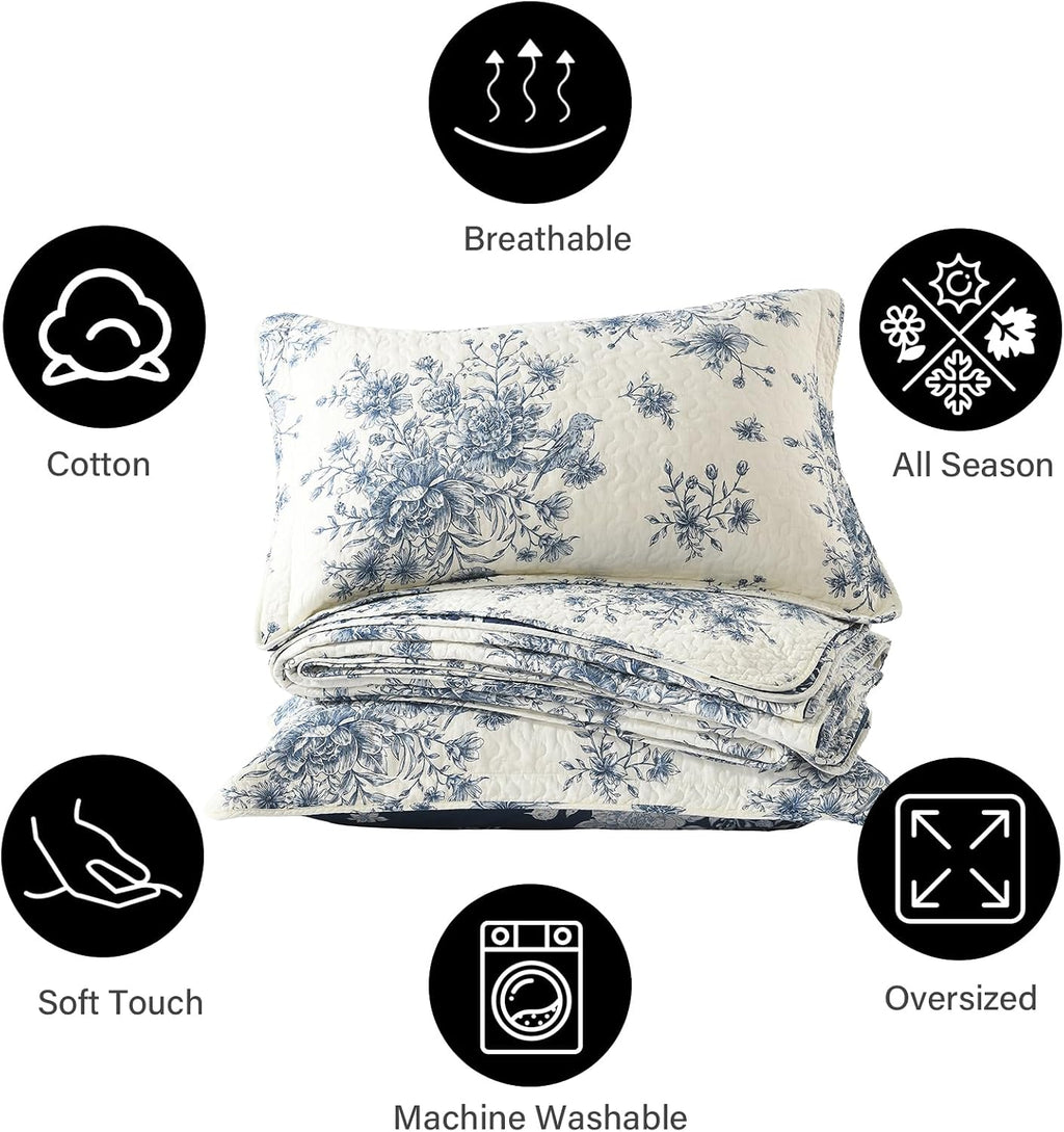 PANGUSHAN Quilt Set Queen Size - 100% Cotton Queen Comforter Set, Blue and White Farmhouse Bedspread with 2 Pillow Shams, Floral Reversible Lightweight Bedding, Queen Bed Spread for All Season, 3pcs