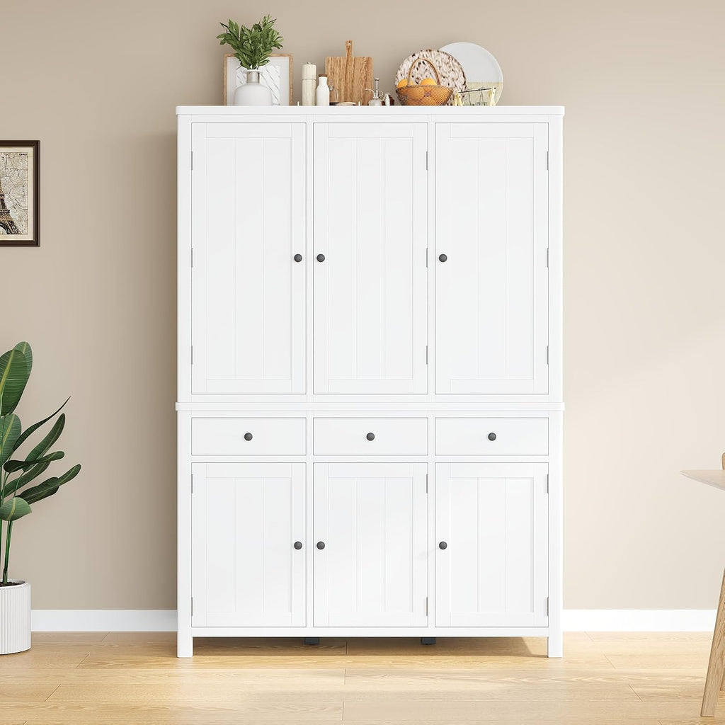 Farmhouse 74.8''H High Freestanding Kitchen Pantry, 53''Lx20''W Wooden Large Cupboard Storage Cabinet with Door Shelves, Adjustable Shelves, Pull-Out Trays and Drawers (White-6ds)