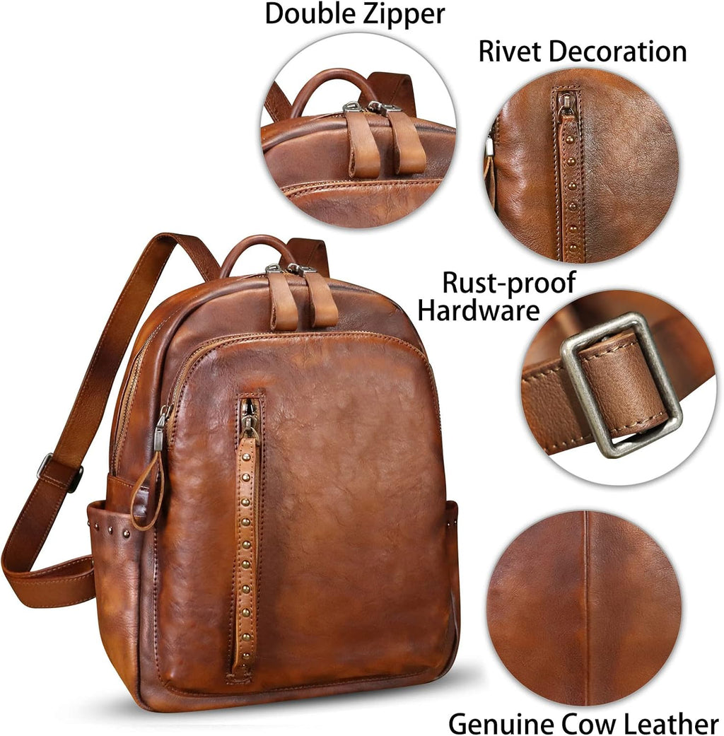 Genuine Leather Backpack Purse for Women Vintage Casual Daypack College Bag Handmade Cowhide Western Rivets Rucksack (Brown)