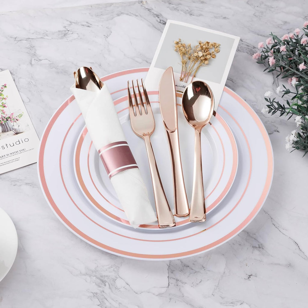 BESTVIP 700PCS Rose Gold Plastic Dinnerware Set, Disposable Party Plates for 100 Guests, Include: 200 Plastic Plates, 100 Pre Rolled Napkins with Rose Gold Silverware, 100 Cups for Christmas