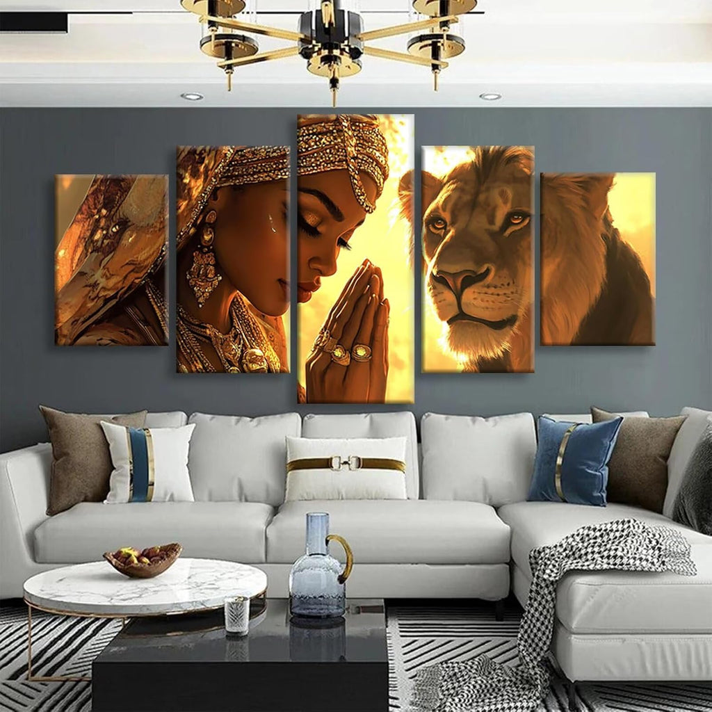 Africa Diamond Art 5 Piece Diamond Painting Lion 5D DIY Full Round Drill Dimond Art Paintings Rhinestones Crafts for Adults Gem Painting for Home Decor, Large Artwork for Wall 36 x 70 Inch, Model345