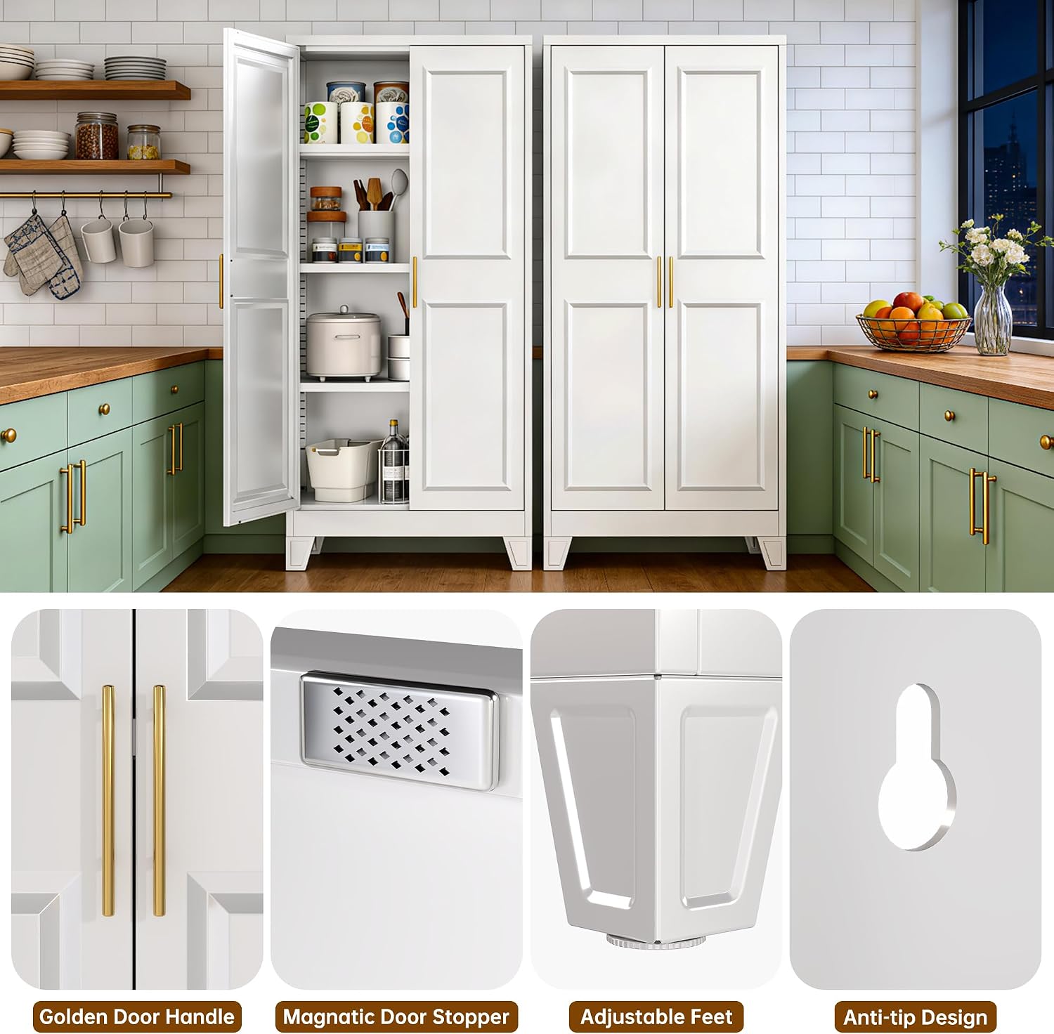 61.4' H Metal Pantry Cabinet with 4 Adjustable Shelves, White Kitchen Pantry Cabinet with 2 Doors, Freestanding Food Cabinet for Kitchen,Home,Required Assembly