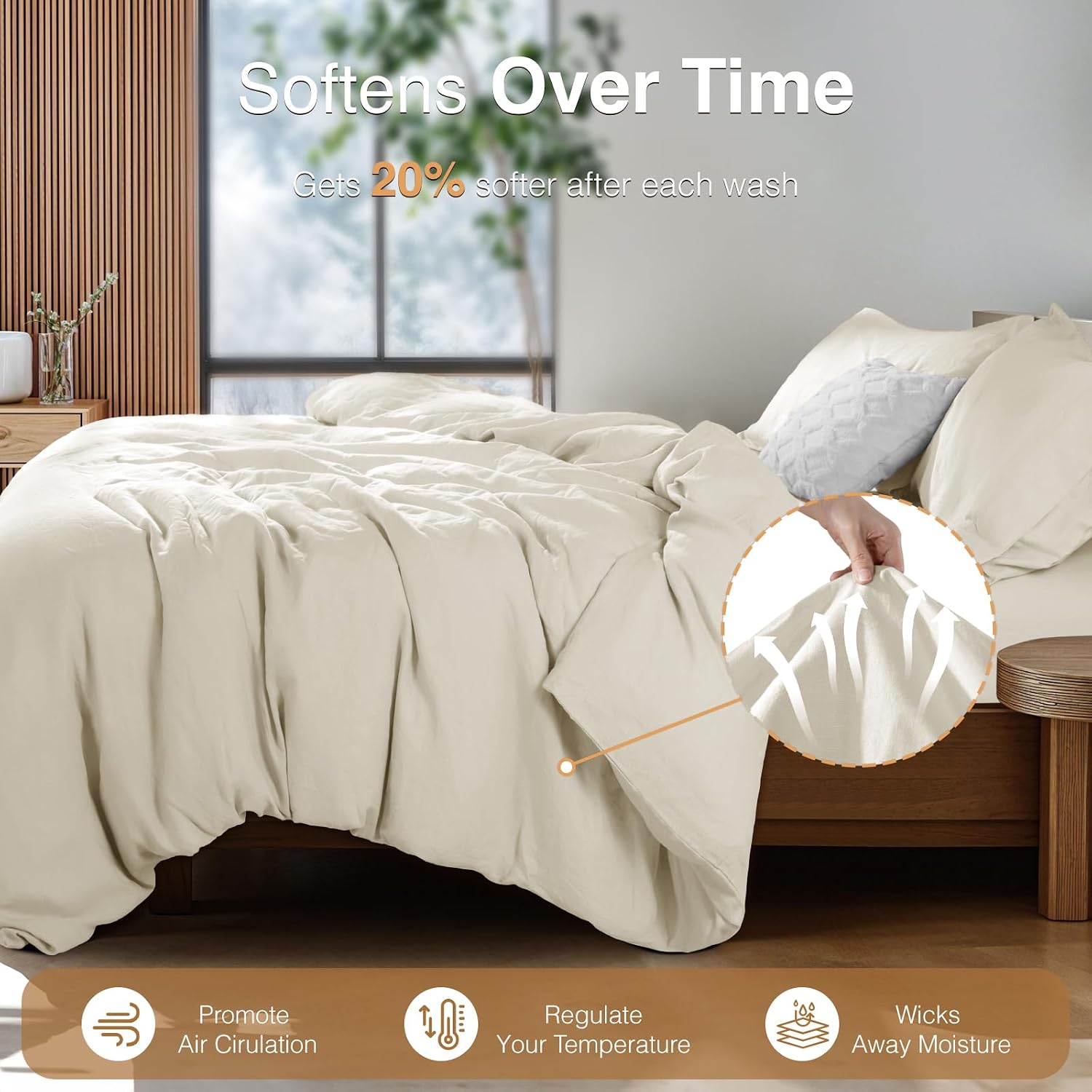 SONORO KATE 100% French Linen Duvet Cover Queen Size, Soft Breathable for Hot Sleepers, Moisture Wicking & Durable Cover Set - Zipper Closure & 4 Corner Ties Duvet Covers 3 Piece (Cream,Queen)