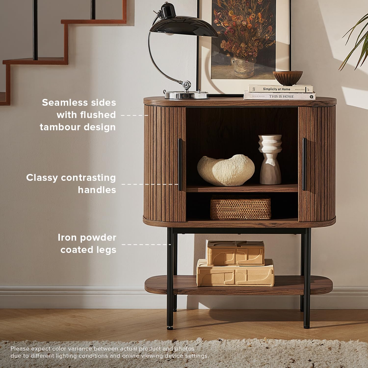 mopio Quin Storage Cabinet, Tambour Fluted Entryway Accent Sofa Tables, Buffet Sideboard with Doors & Shelves, Pantry Coffee Wine Bar Cabinet, Wood Console Table, Mid Century Modern (Walnut)