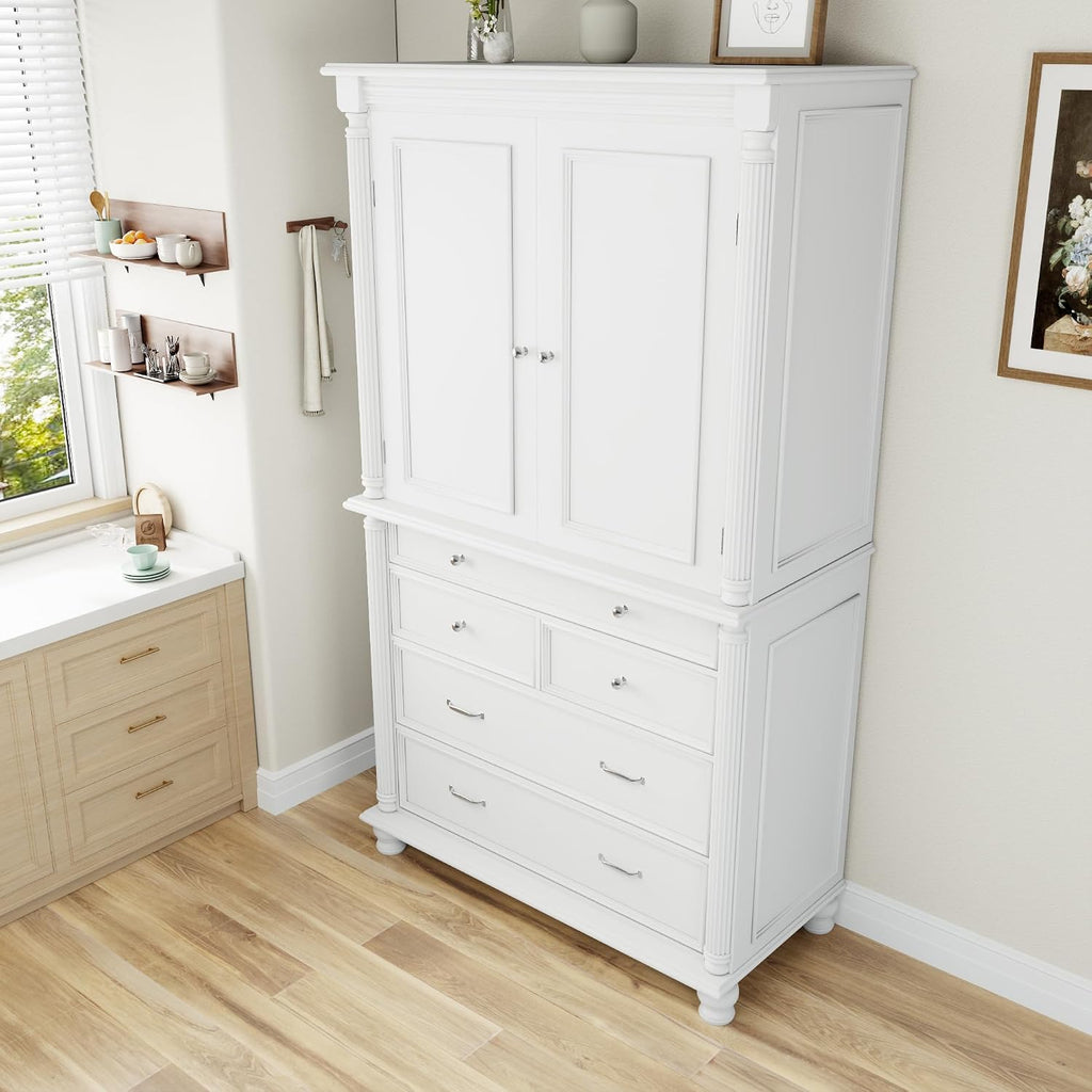 77.3 inch Tall Kitchen Pantry Cabinet with 6 Door Shelves and 2 Adjustable Shelves, Wooden Storage Cabinet Cupboard with 6 Drawers for Kitchen, Dining (White-83)