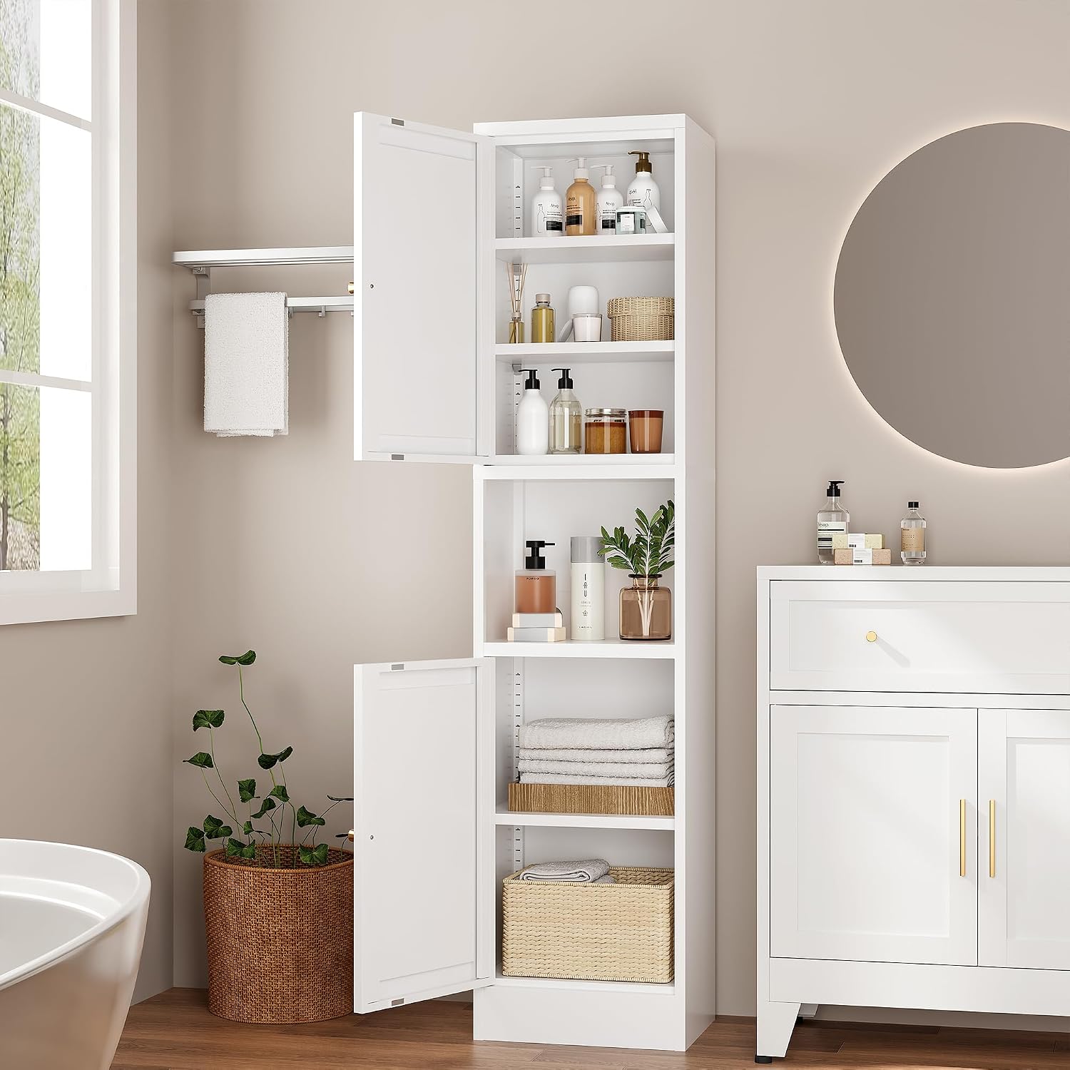 Tall Narrow Storage Cabinet,Metal Pantry Cabinet with Ajustable Shelves Open Countertop, Slim Sideboard for Small Spaces, Living Room, Kicthen, Dining Room, White