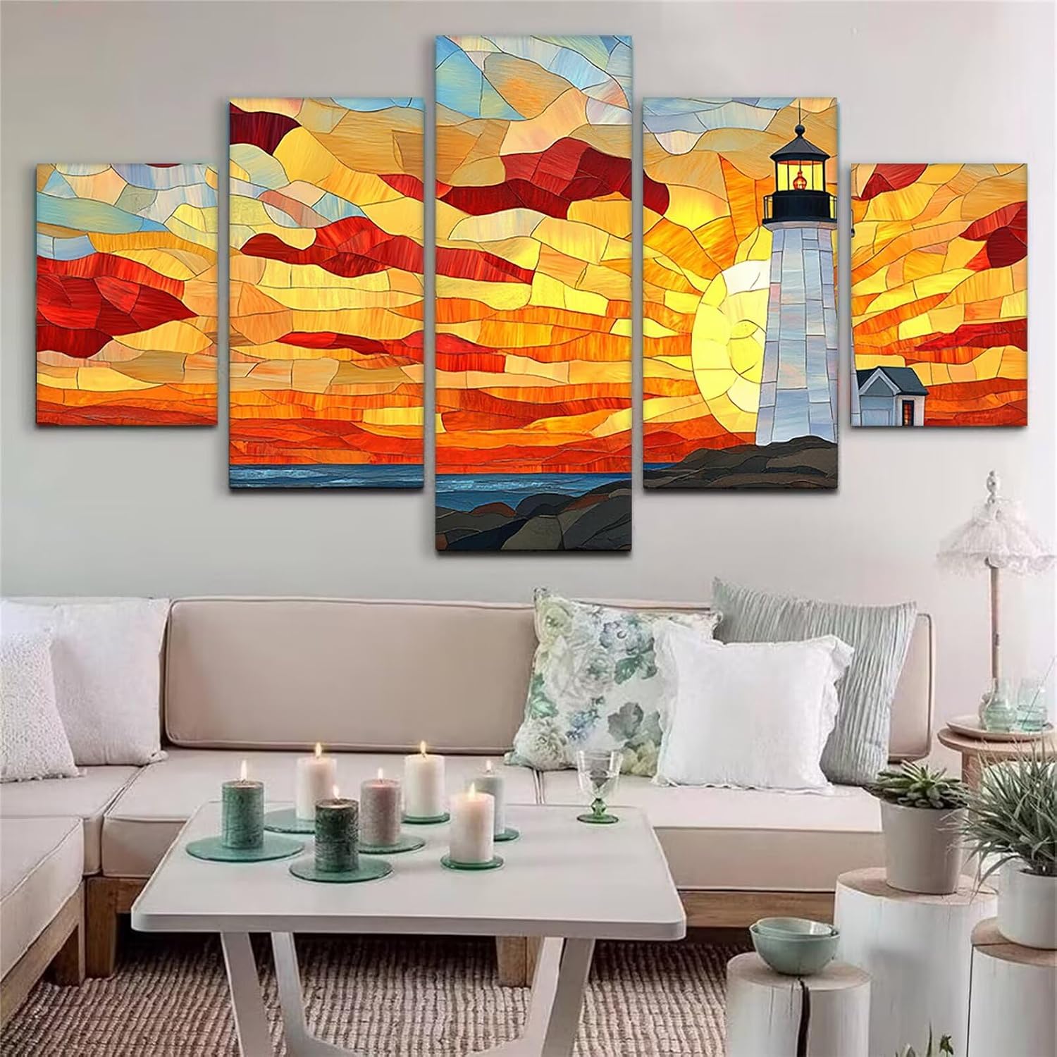 Lighthouse Diamond Art 5 Piece Diamond Painting Landscape 5D DIY Full Square Drill Dimond Art Paintings Crystal Rhinestones Crafts for Adults Gem Painting for Home Decor, 60 x 120 Inch, Model144