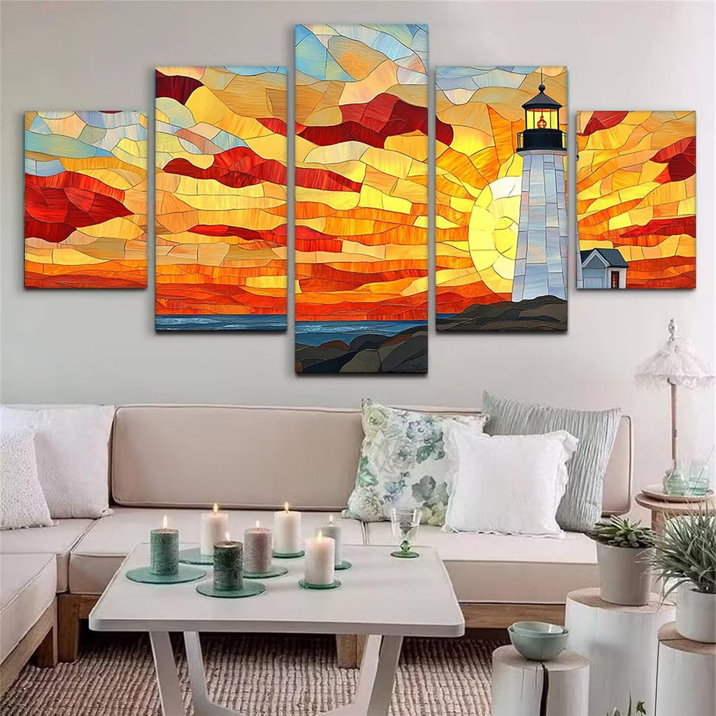 Lighthouse Diamond Art 5 Piece Diamond Painting Landscape 5D Full Square Drill Dimond Art Paintings Crystal Crafts for Adults Gem Painting for Home Decor, Large Artwork for Wall 36 x 70 Inch, Model144