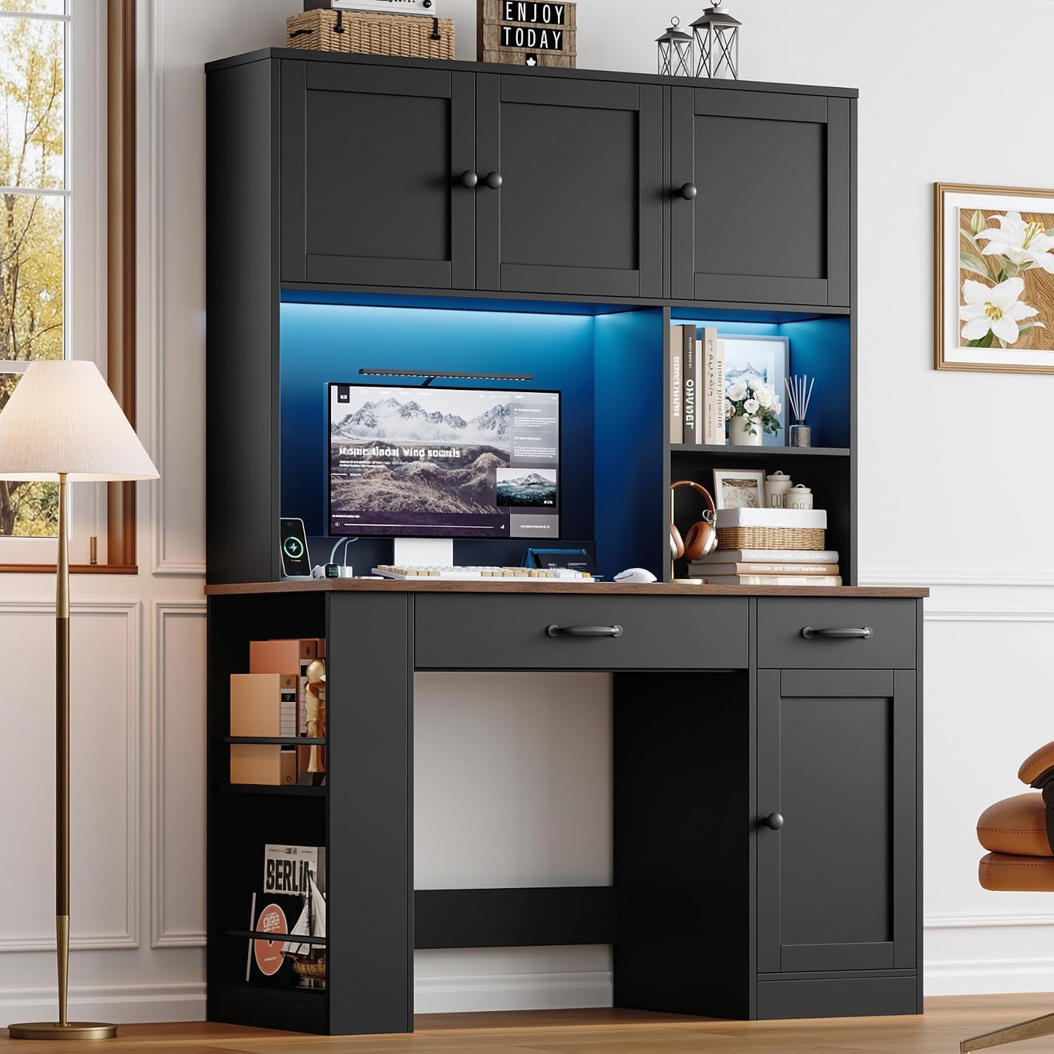 Keyluv 71' Tall Computer Desk with Hutch Cabinet, Home Office Desk with Storage Drawers Shelves and Side Rack, Wood Executive Desk with Doors, Outlet Station and Smart LED Lights, Black